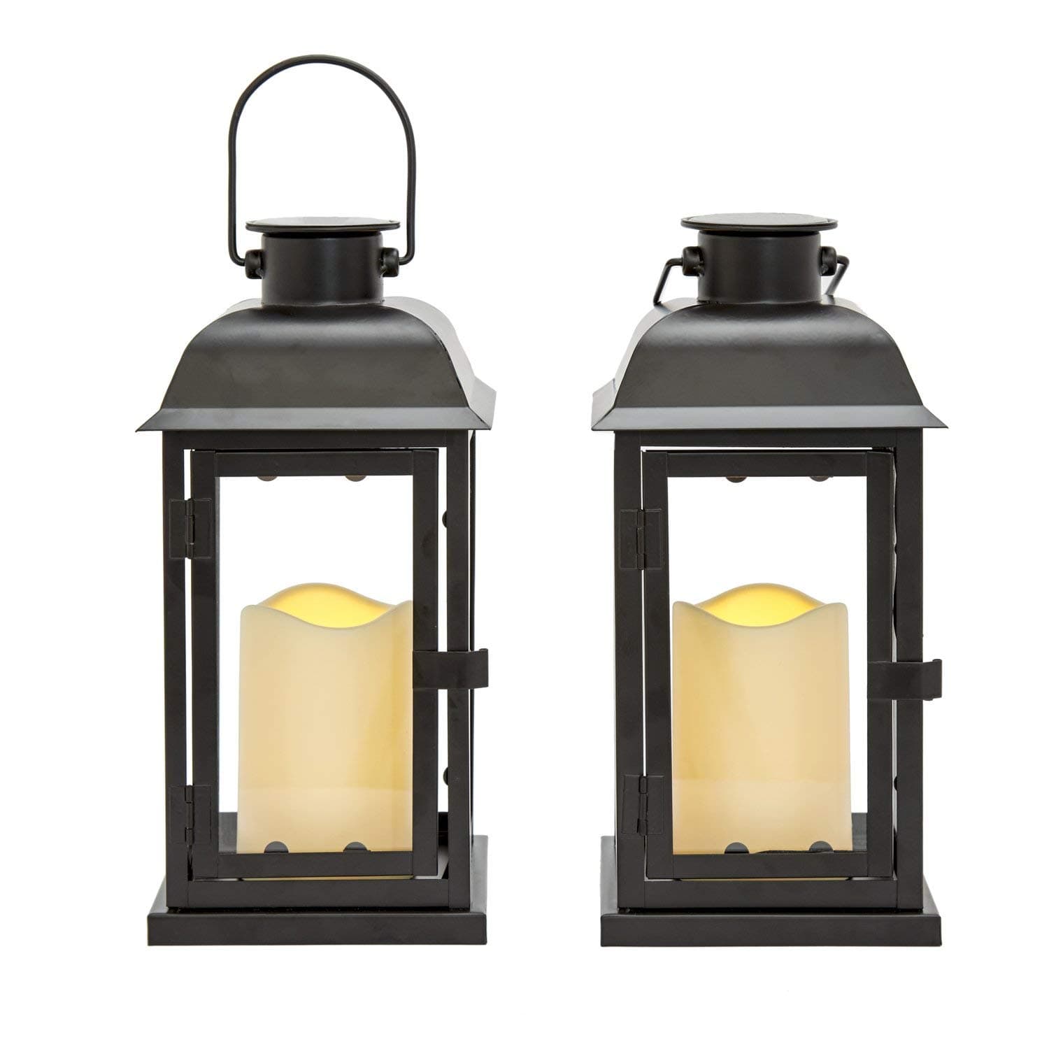 LampLust Outdoor Solar Powered Lantern with Flameless LED Pillar Candle, 11 Inch Tall, Set of 2, Waterproof, Black Metal, Hanging Decorative Candle Lamp for Porch, Floor or Patio Home Decor