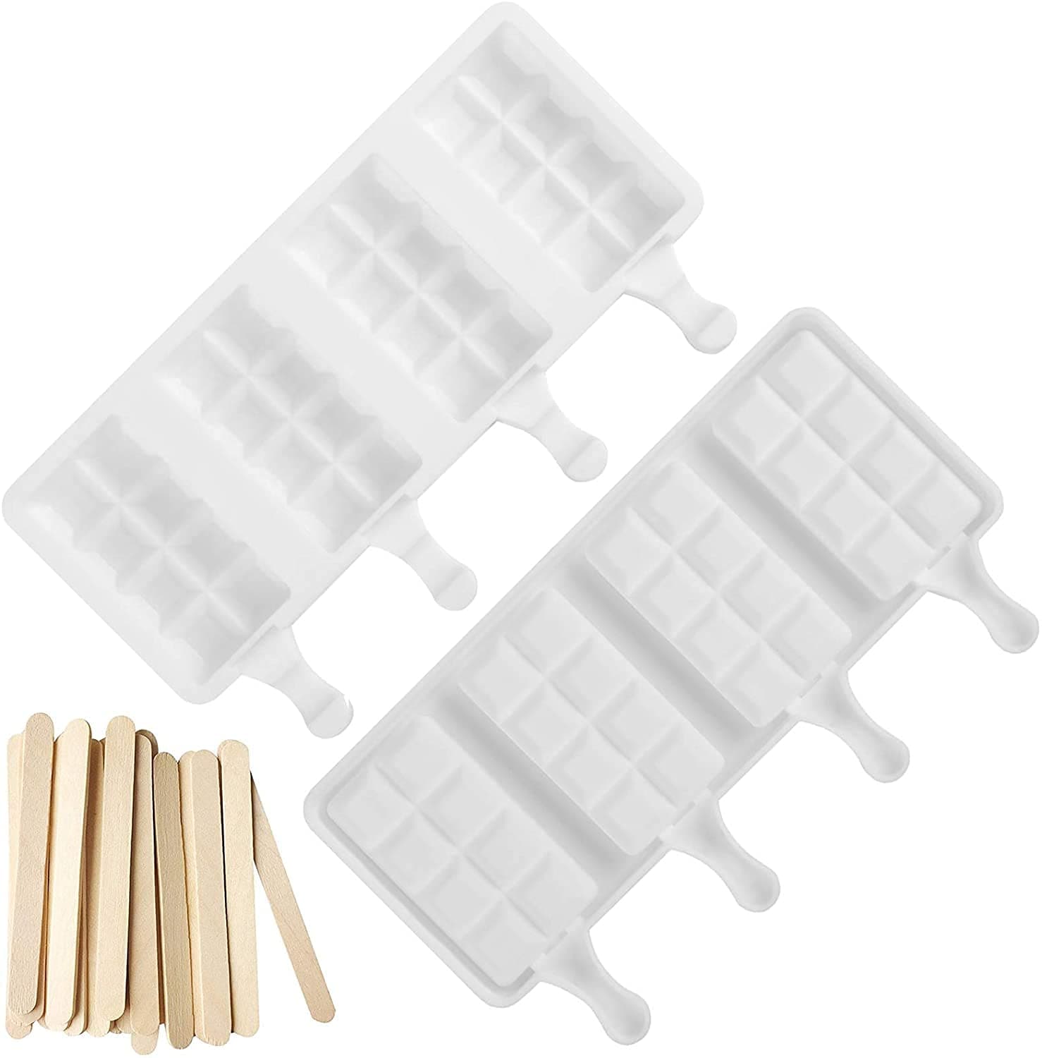 MoldBerry Silicone Cakesicle Mould with Wooden Sticks 4 Cavity Cubic Square Shape Popsicle Bar Reusable Ice Pop Makers Ice Cream Kulfi Candy Ice Lolly Mold 14 x 25.3 x 2.7 Cm Pack of 1 (White Color)