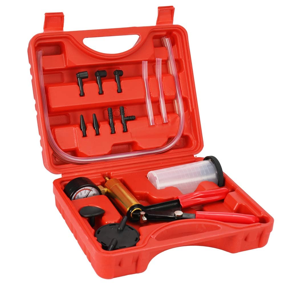 2-in-1 Professional Car Auto Handheld Vacuum Pressure Pump, Brake Bleeder, Adaptor Fluid Reservoir Tester, Vacuum Tester - 17 Pieces