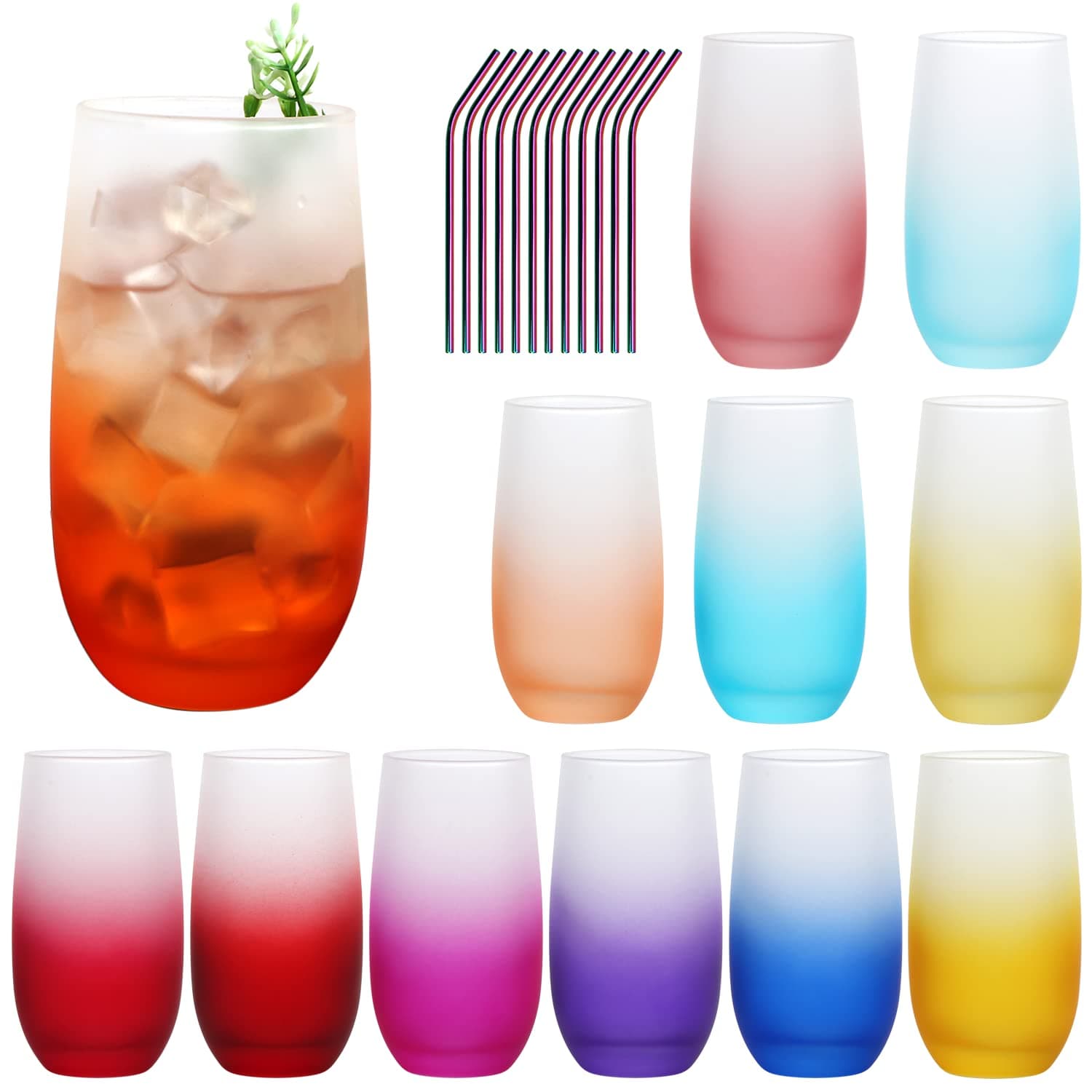 Encheng Tall Drinking Glasses Set of 12,Vibrant Highball Glasses with Straws for Entertaining,16 OZ Color Gradient Glass Iced Coffee Cups Ideal for Mojito,Cocktail,Mixed Drinks