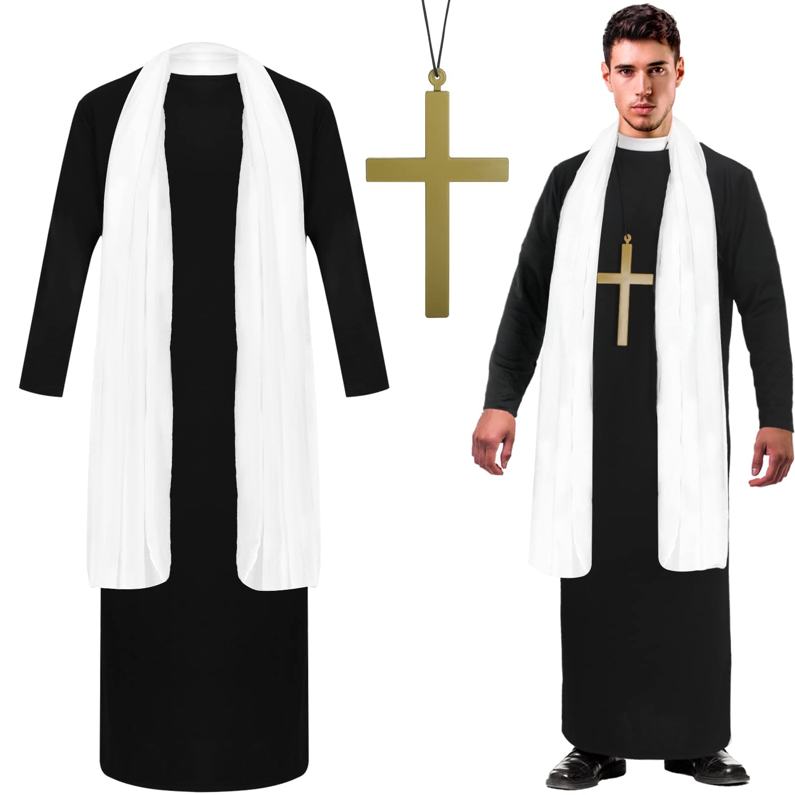 3 Pcs Halloween Priest Costume for Men Adult with Father Robe White Stole Cross for Halloween Dress up Party