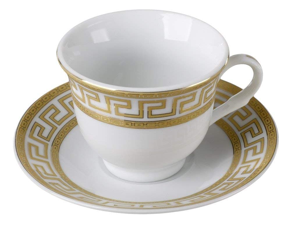12-Pc. 'Golden Greek Key' Tea Cup Coffee Set, Premium Bone China, 24K Gold-Plated, Complete Service for 6