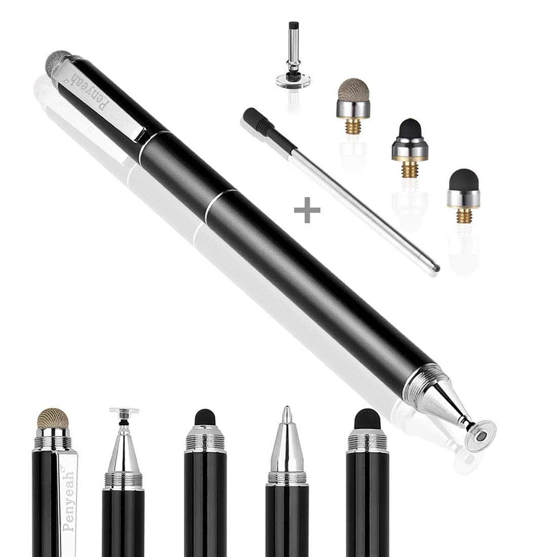 Capacitive Stylus Pen with Ballpoint Pen Writing, Penyeah 4-in-1 Touch Screen Stylus-Writing Pen & Disc Tip & Mesh Fiber Tip & Rubber Tip, Stylus Pen For Touch Screen Devices-Black
