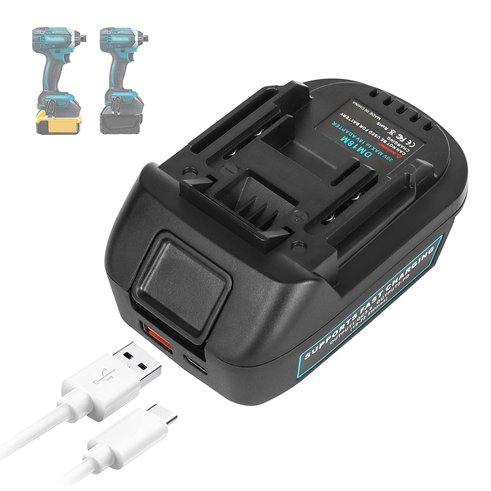 DM18M Battery Adapter with USB & Type-C Charging Socket Compatible with Dewalt 20V & Milwaukee 18V Batteries, Convert to Makita 18V Batteries (Not Made in Milwaukee,Dewalt, or Makita)
