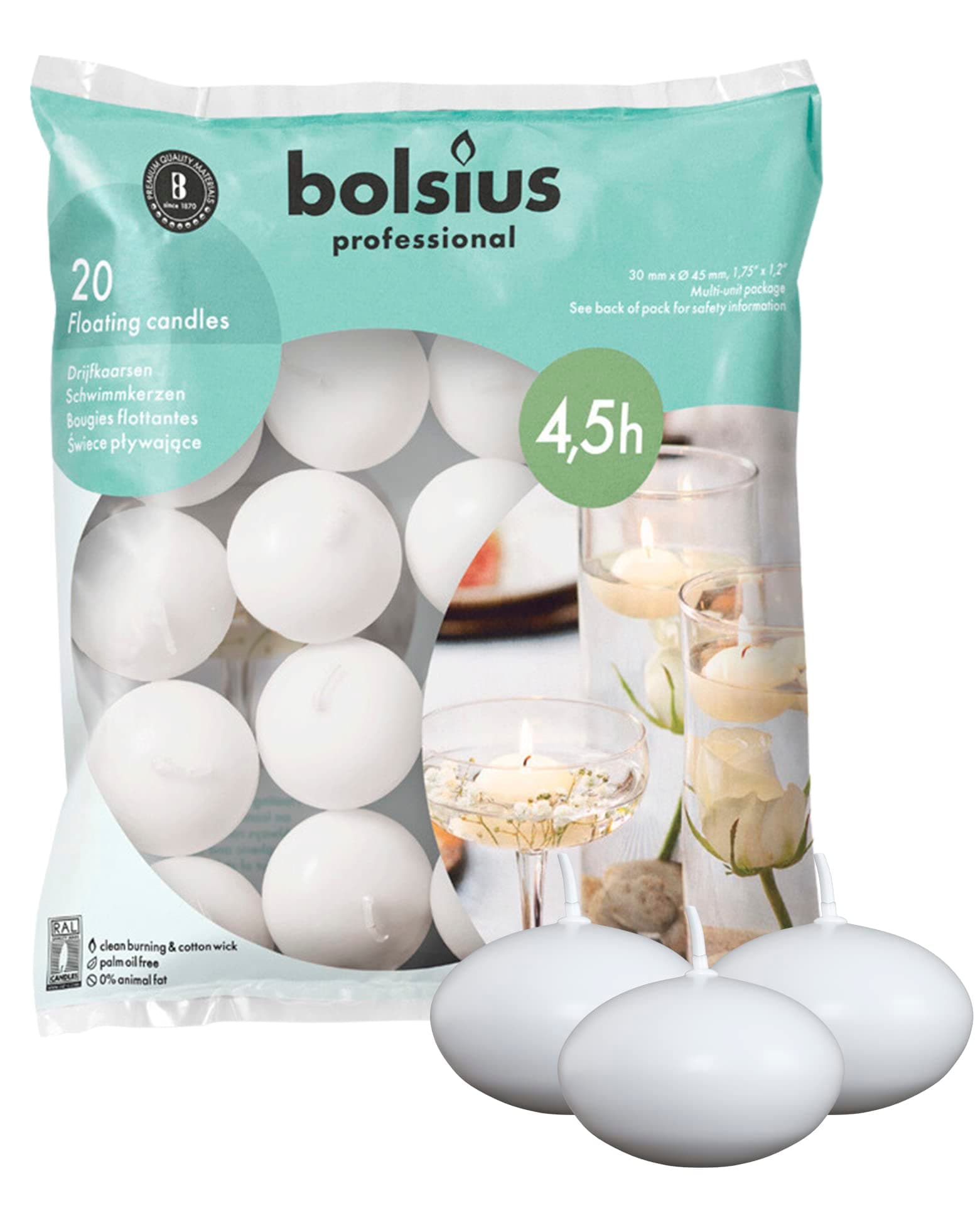 Bolsius Floating Candle - White - Bag of 20 - Long Burning Time of 4 Hours - Clean Burn - Interior Decoration - Vegan Wax - 3 x 4.5 cm