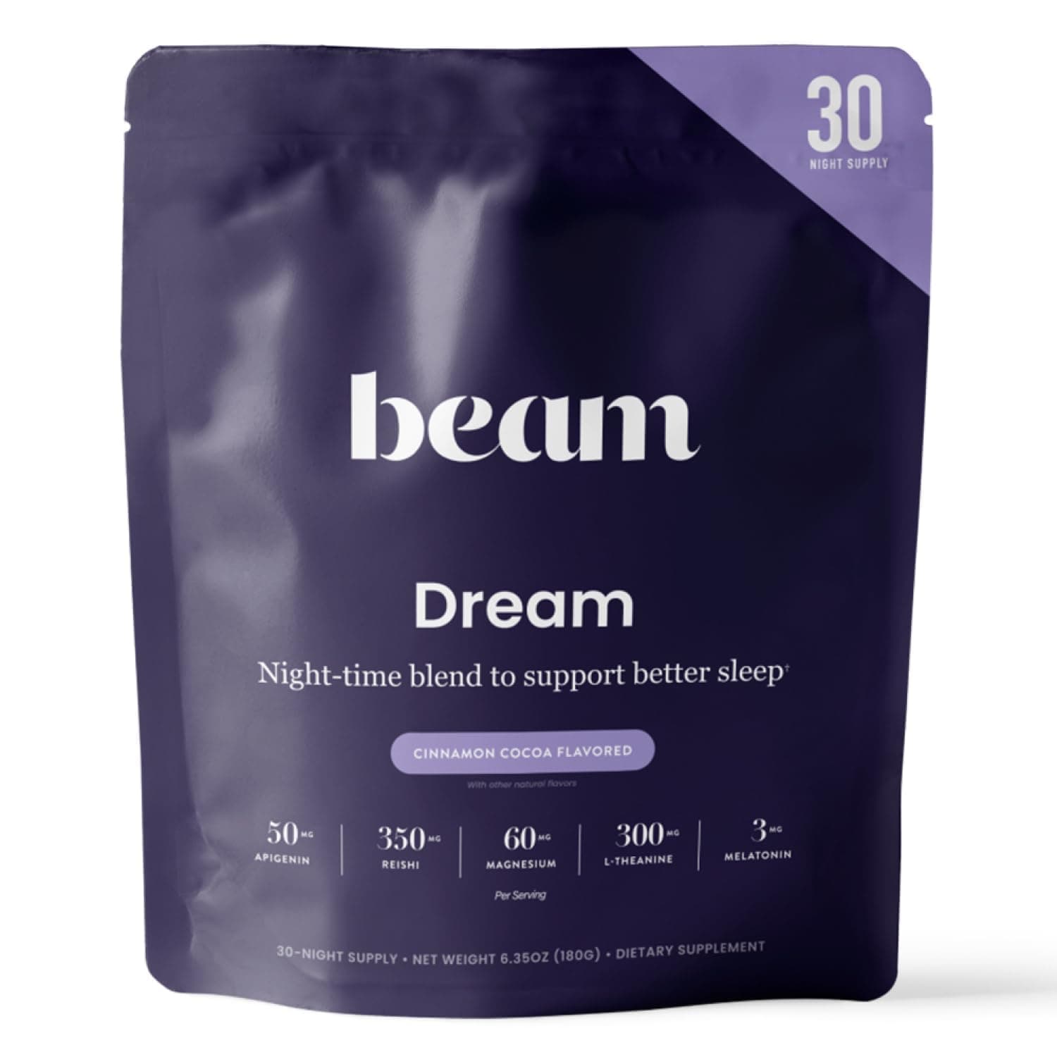 Beam Dream Sleep Powder – Sleep Aid for Adults with Melatonin, Magnesium, L-Theanine, Reishi Mushroom & Apigenin Sleep Supplement, Sleepy Cocoa Bedtime Drink Mix, Cinnamon Cocoa Flavor, 30 Servings