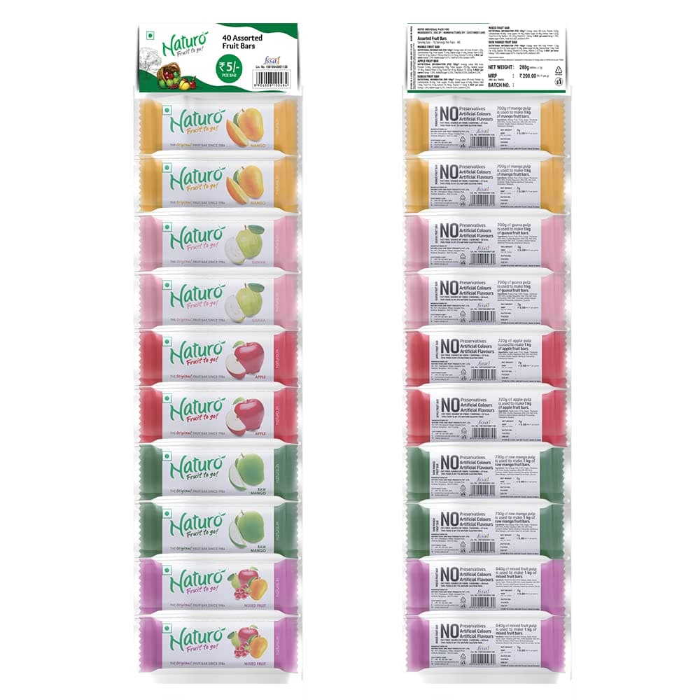 Naturo, Bars 2 Hanger Pack of 40 Each 10 GMS X, Assorted(Apple+Guava+Mango+Raw Mango+Mixed Fruit), 80 Count