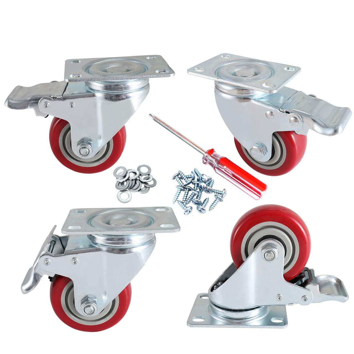 DICASALHeavy Duty Plate Casters Wheels Durable Large PVC Wheels Double Brakes Castors Load Upto 1200 LBS Pack of 4 3 Inch Red DSC-05 4