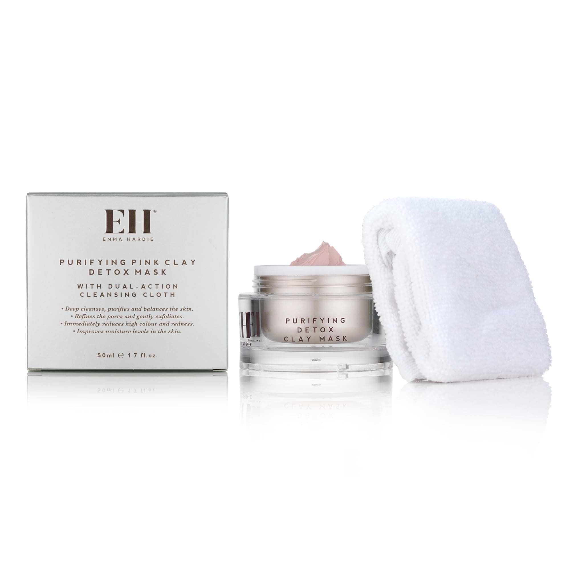 Emma Hardie 50ml Purifying Pink Clay Detox Mask with Cleansing Cloth, Use to Cleanse, Balance, Exfoliate & Rejuvenate Skin, Suitable for Most Skin Types, Including Sensitive Skin, Vegan & Cruelty Free