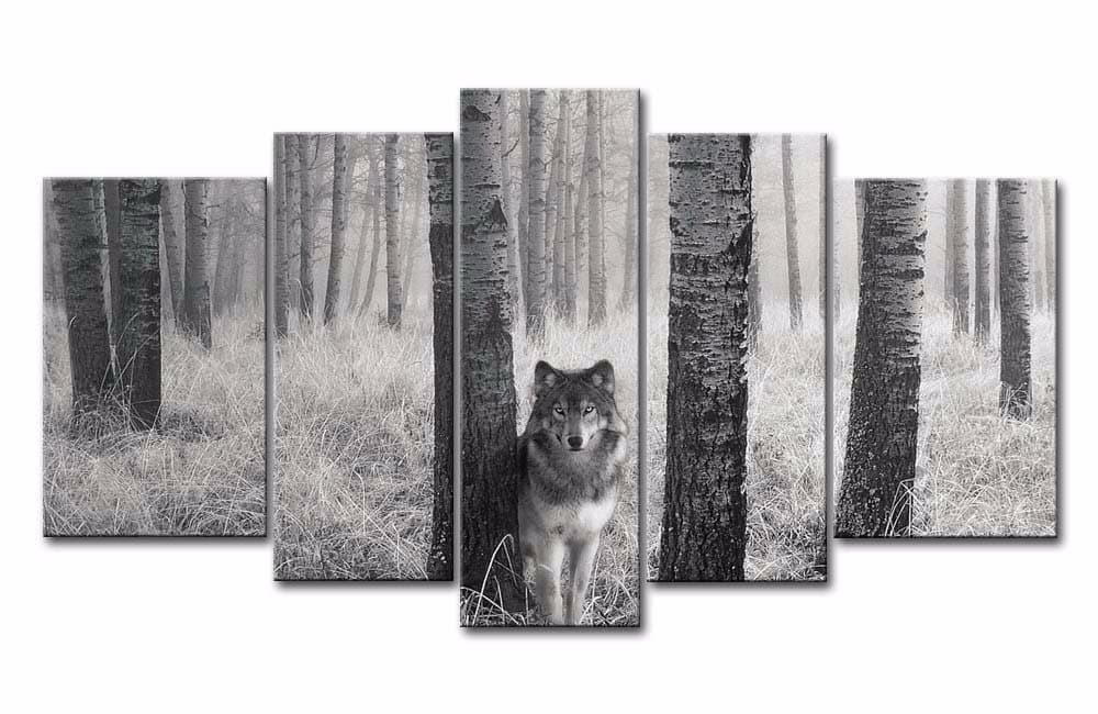 With frame/No frame 5 Panels Canvas Prints Wolf black and white canvas painting poster home decor fashion animal wall art for living room ,Large size,Framed
