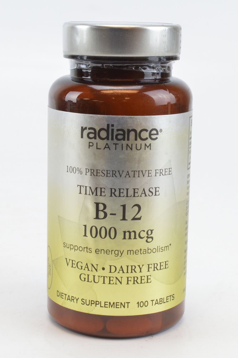 Radiance Platinum 100% Preservative Free Vitamin B-12 1000 MCG Supports Energy Metabolism Vegan Dairy Free Gluten Free Dietary Supplement 100 Tablets