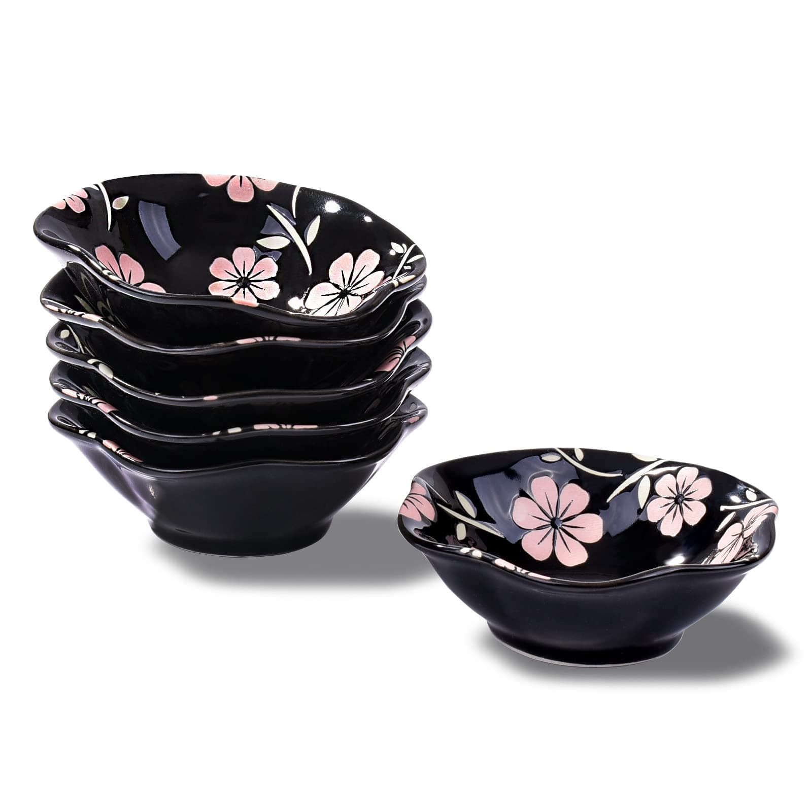 Whitenesser Japanese Black Sakura Soy Sauce Dish for Sushi, Porcelain Dipping Bowls Sauce Cups Set of 6