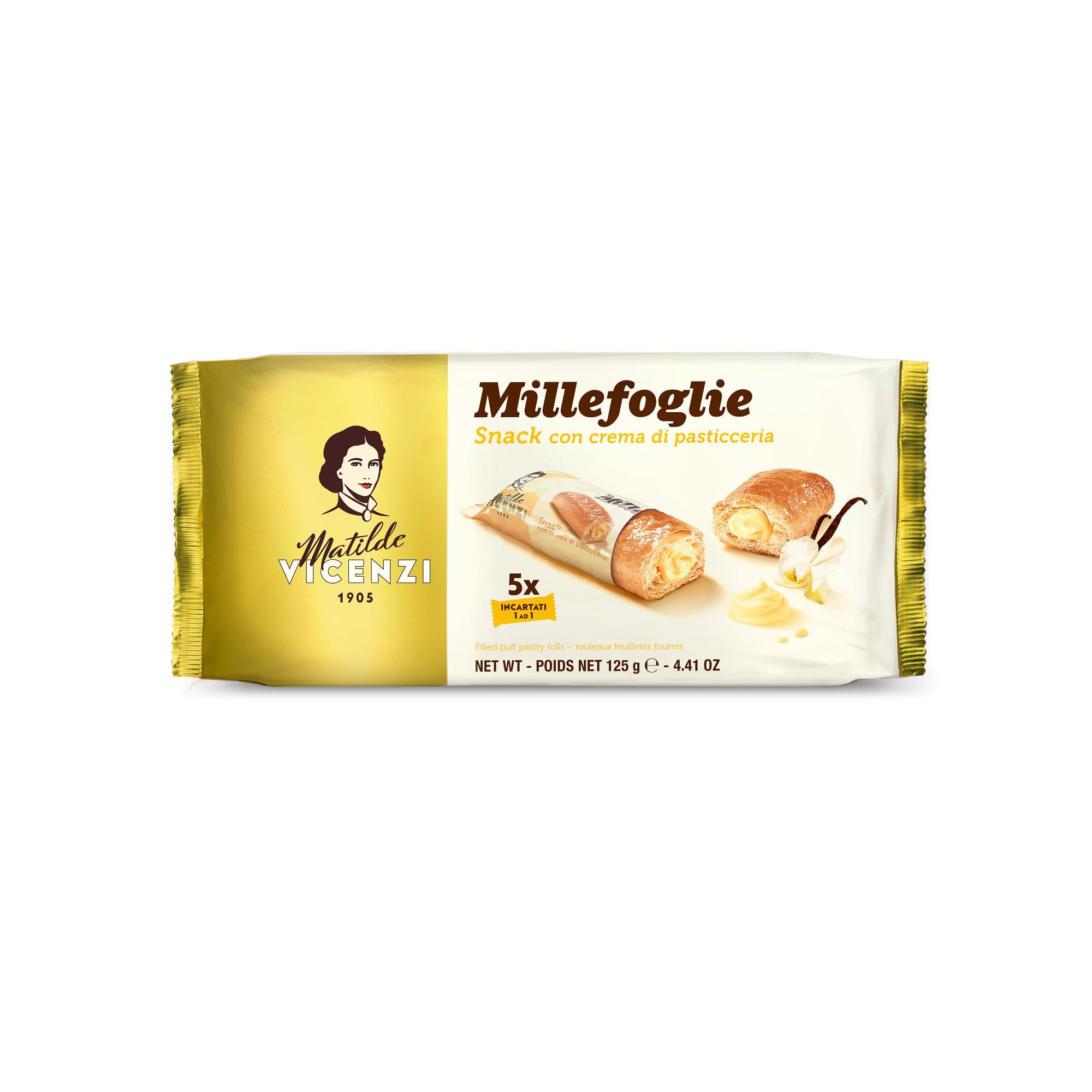 Matilde Vicenzi - Millefoglie Mini Snack, with Pastry Cream, Rich in Cream, with Crispy Puff Pastry, Individually Packaged, 5 Pieces of 25 g