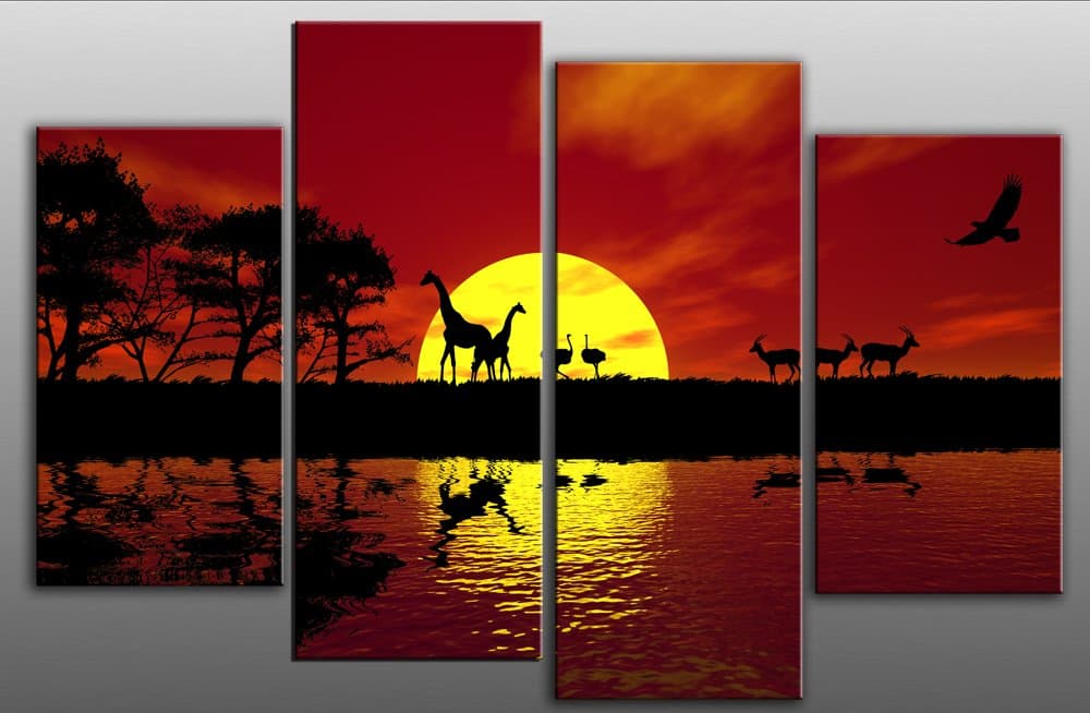 Large Africa Sunset Canvas Art Picture Red Toned 4 pieces multi panel split canvas completely ready to hang hanging cord attached, hanging template included for easy hanging, hand made printed to order UK company 40” width 28” height