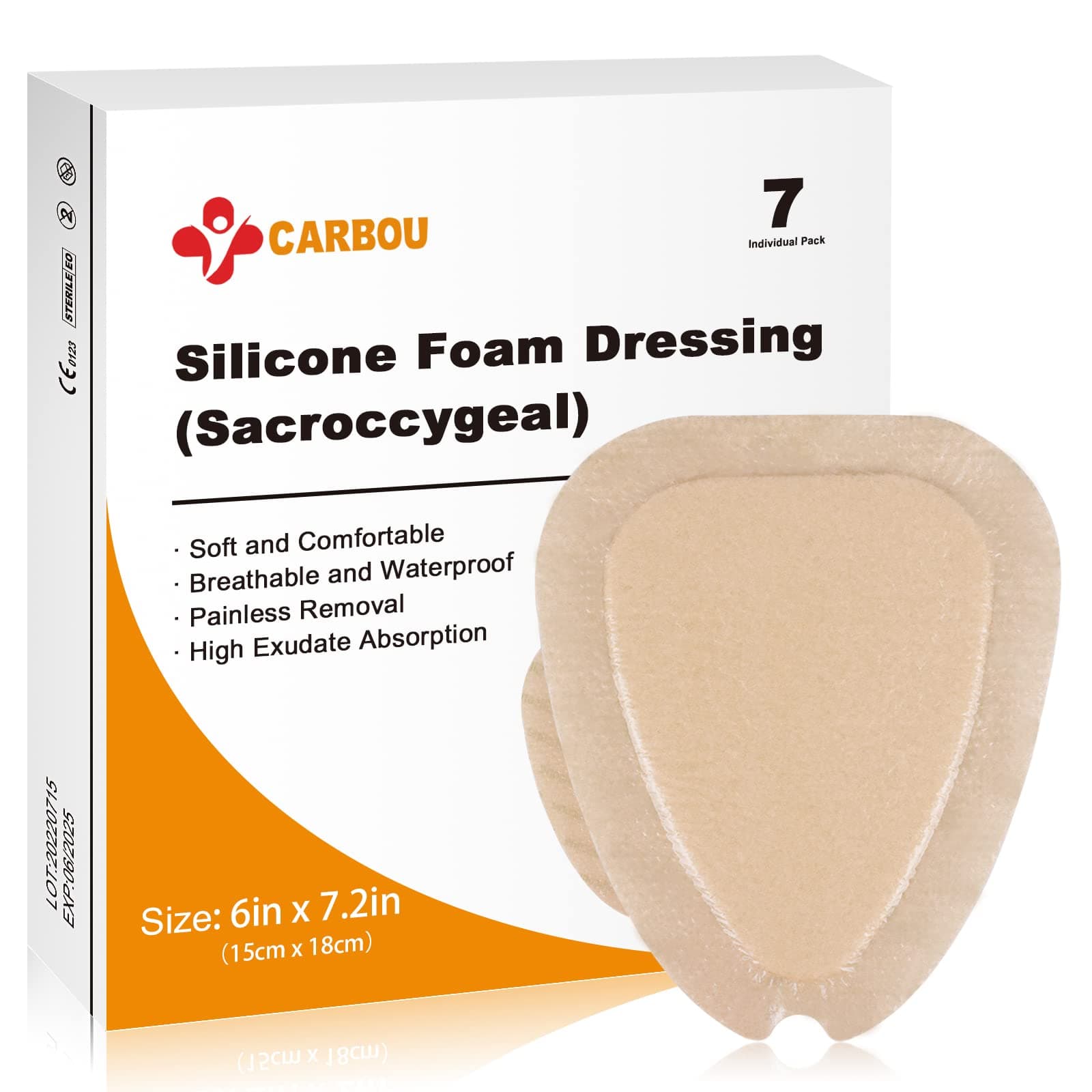 Carbou Wound Dressing Sacrum Silicone Foam Dressing, 6''x7''(15cm x18cm) Bordered Silicone Adhesive Sacral Foam Dressing for Bed Sore,Box of 7 dressings