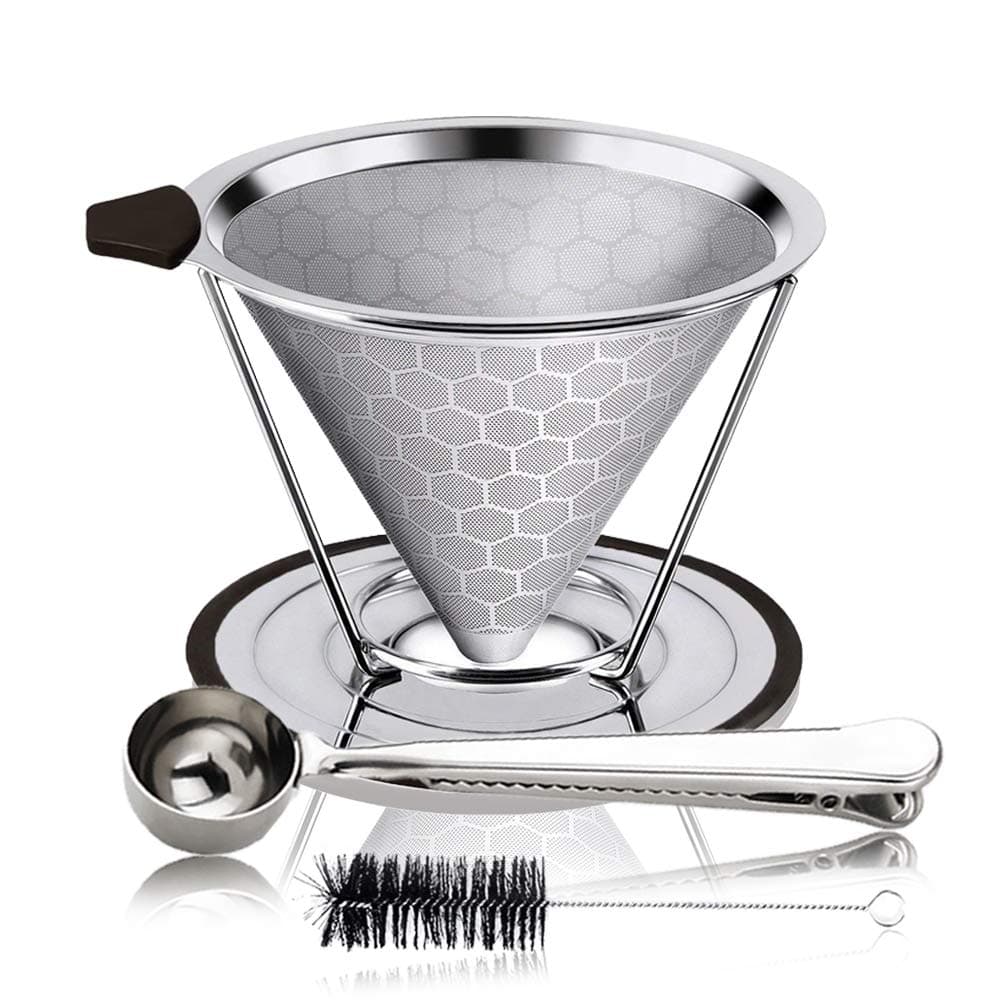 Stainless Steel Coffee Filter, Honeycomb Design Reusable Pour Over Coffee Dripper with Non-Slip Cup Stand and Anti-scalding Handle, 100% Paperless & Eco-Friendly