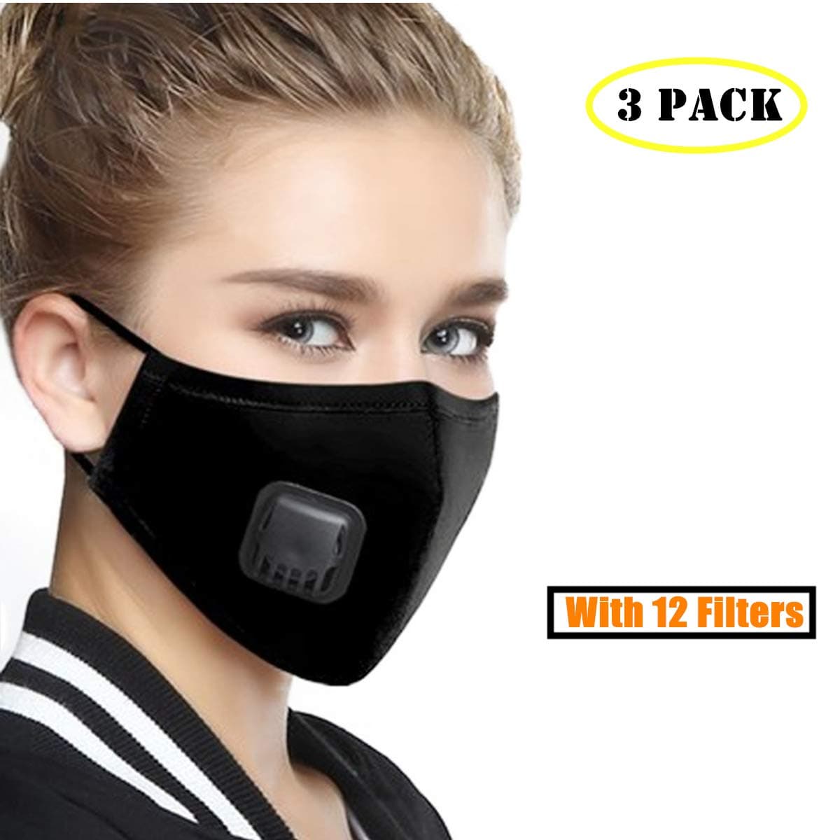 3 Pack Respirator Mask + 12 Filters- Anti Air Pollution Face Mask with Filter and Respirator - Dustproof Washable - Cotton (N99 Mask - black）