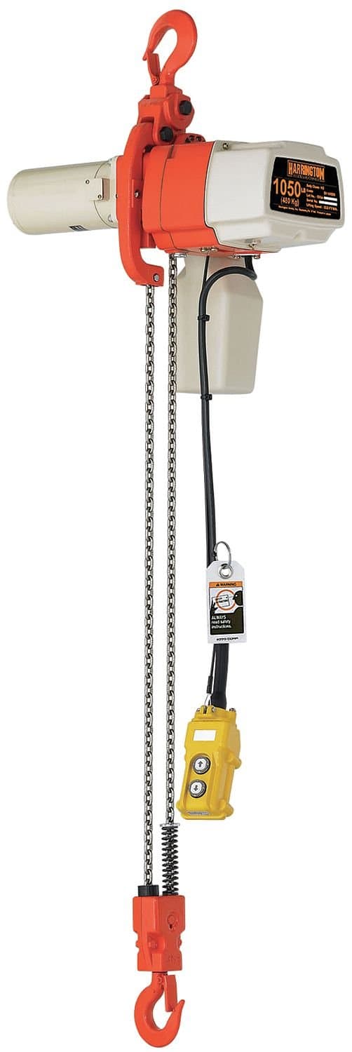 Harrington ED Series Die Cast Aluminum Dual Speed Electric Chain Hoist with Hook Suspension, Mini Trolley, 17' PB Drop and E2D1833350 Chain Container, 1050 lbs Capacity, 20' Lift Height, 22 fpm Lift Speed, 0.8 Horse Power, 120V