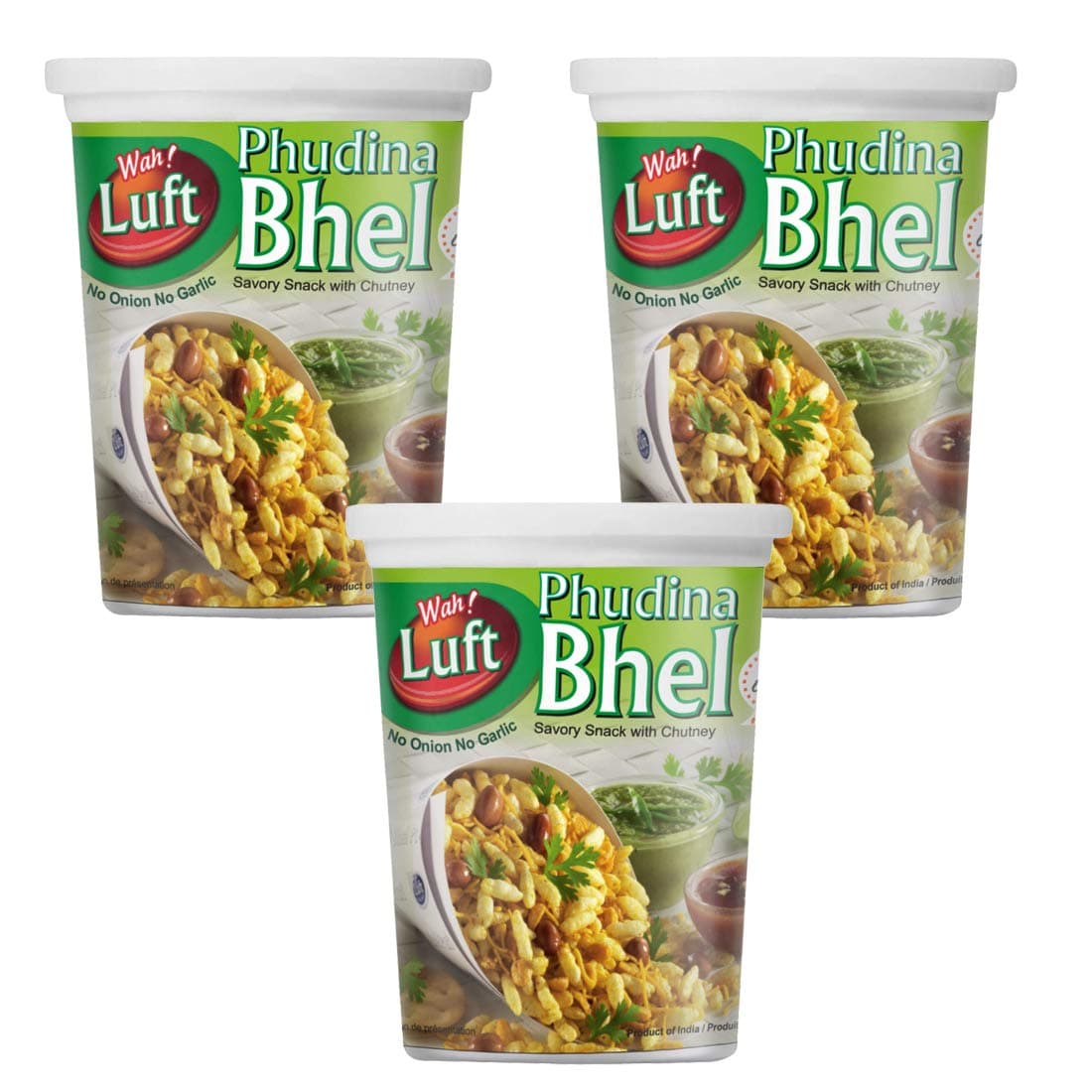Wah Luft Instant and Delicious Phudina Bhel Puri Cup (Jain), Namkeen, Snacks, Ready to Eat, Chutney Inside, Chaat Special- 100g (Pack of 3)