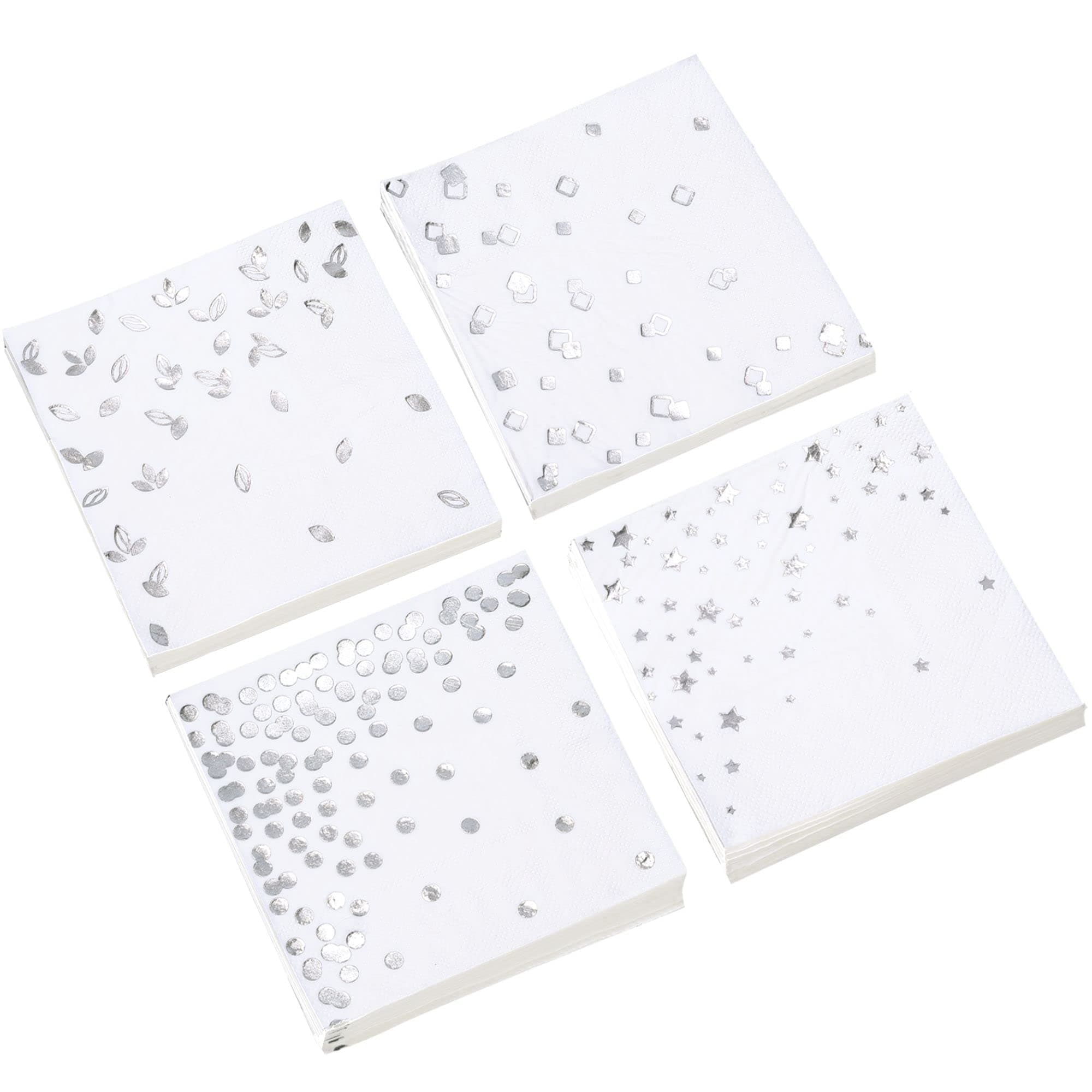 100 Silver Napkins - 4 Assorted Designs l 3-Ply Cocktail Napkins Paper Folded 5 x 5 Inches l Bar Napkins Disposable Party Napkin for Wedding Baby Shower Birthday (Assorted Pink)