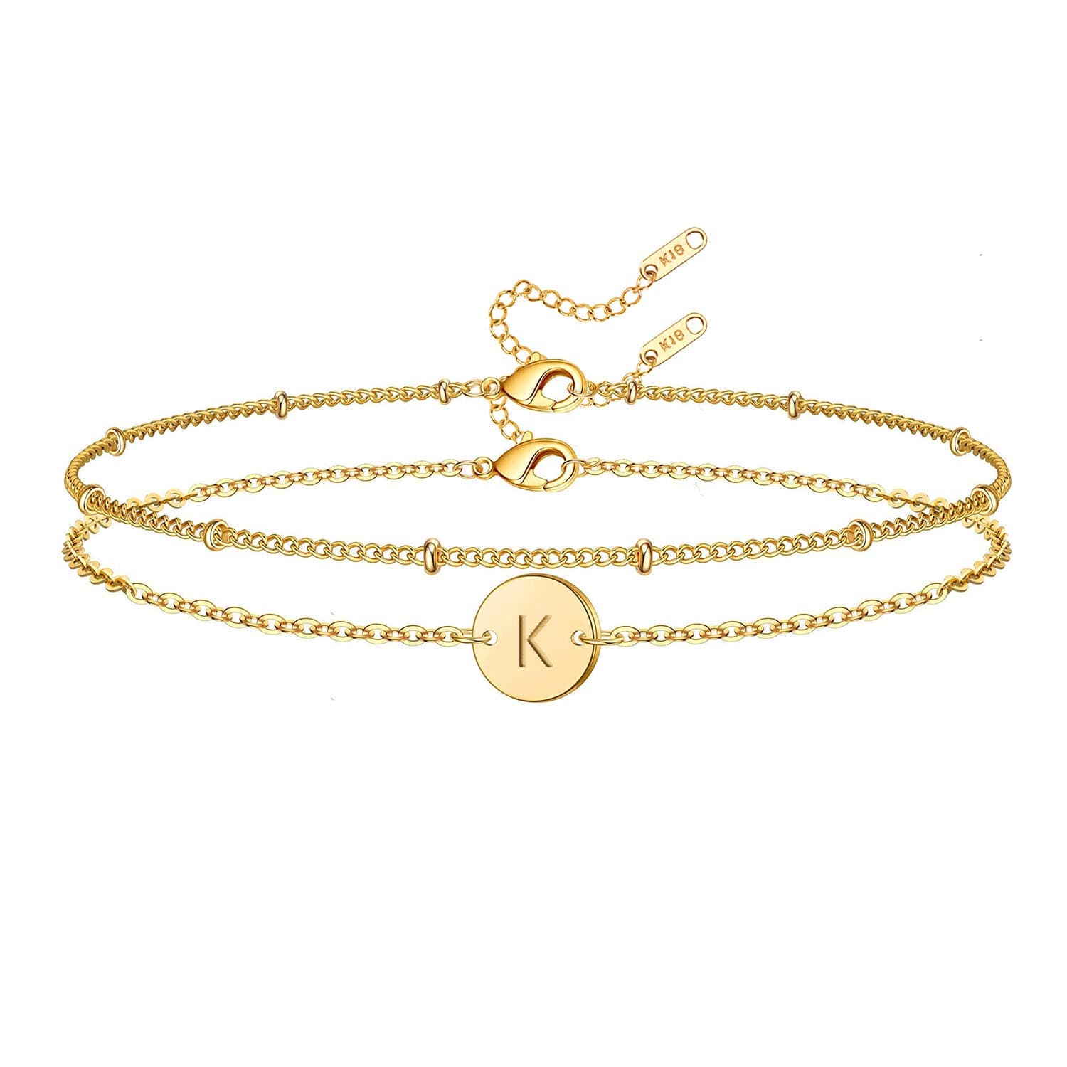 Initial Bracelet for Women 18K Gold Plated Stainless Steel Layered Coin Letter Bracelet Beaded Chain Personalized Name Bracelet