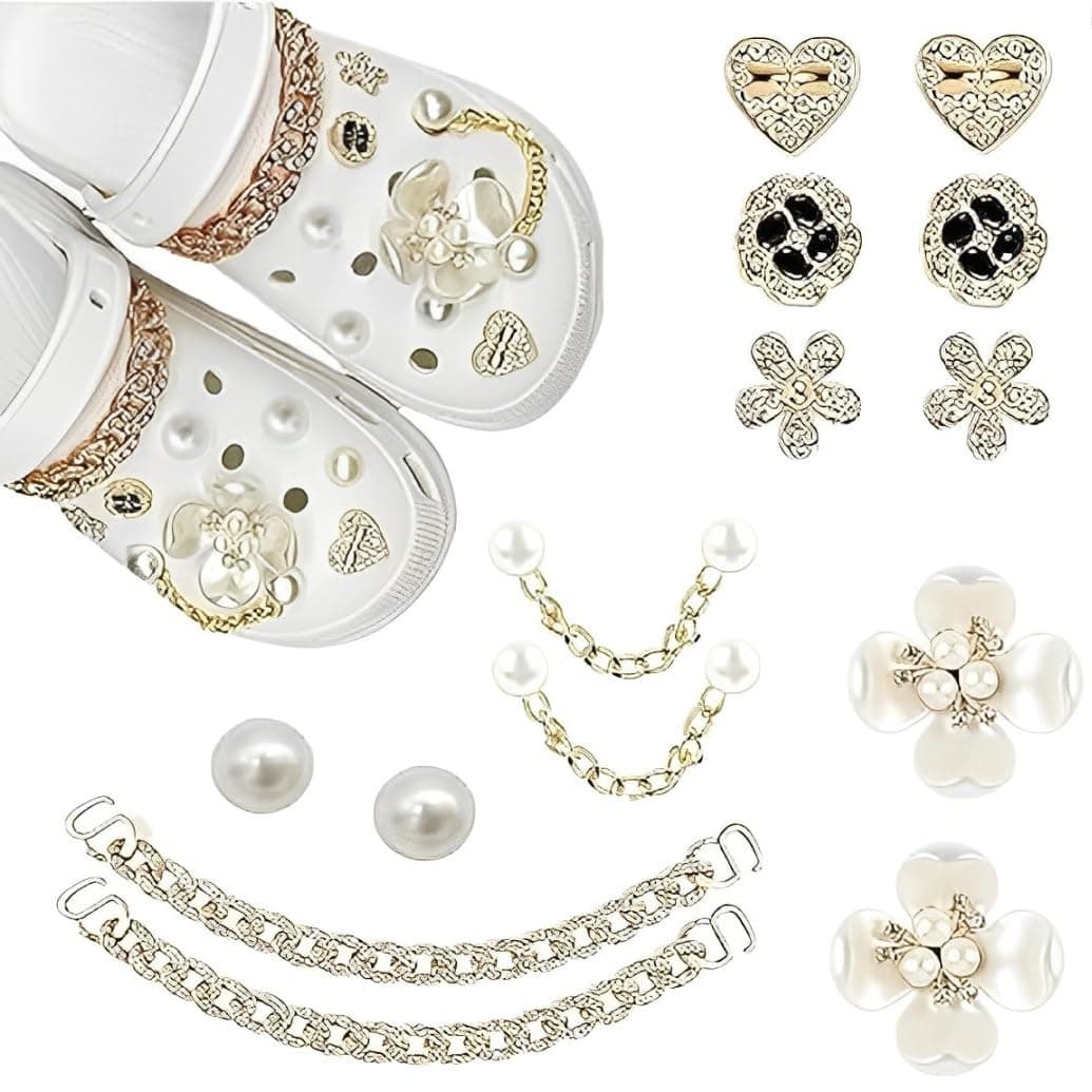 14PCS Flower Pearl Diamond & Shoe Chains Shoe Decor Shoe Decoration Charm Clogs Sandals Crocs Sandals for Girls Women