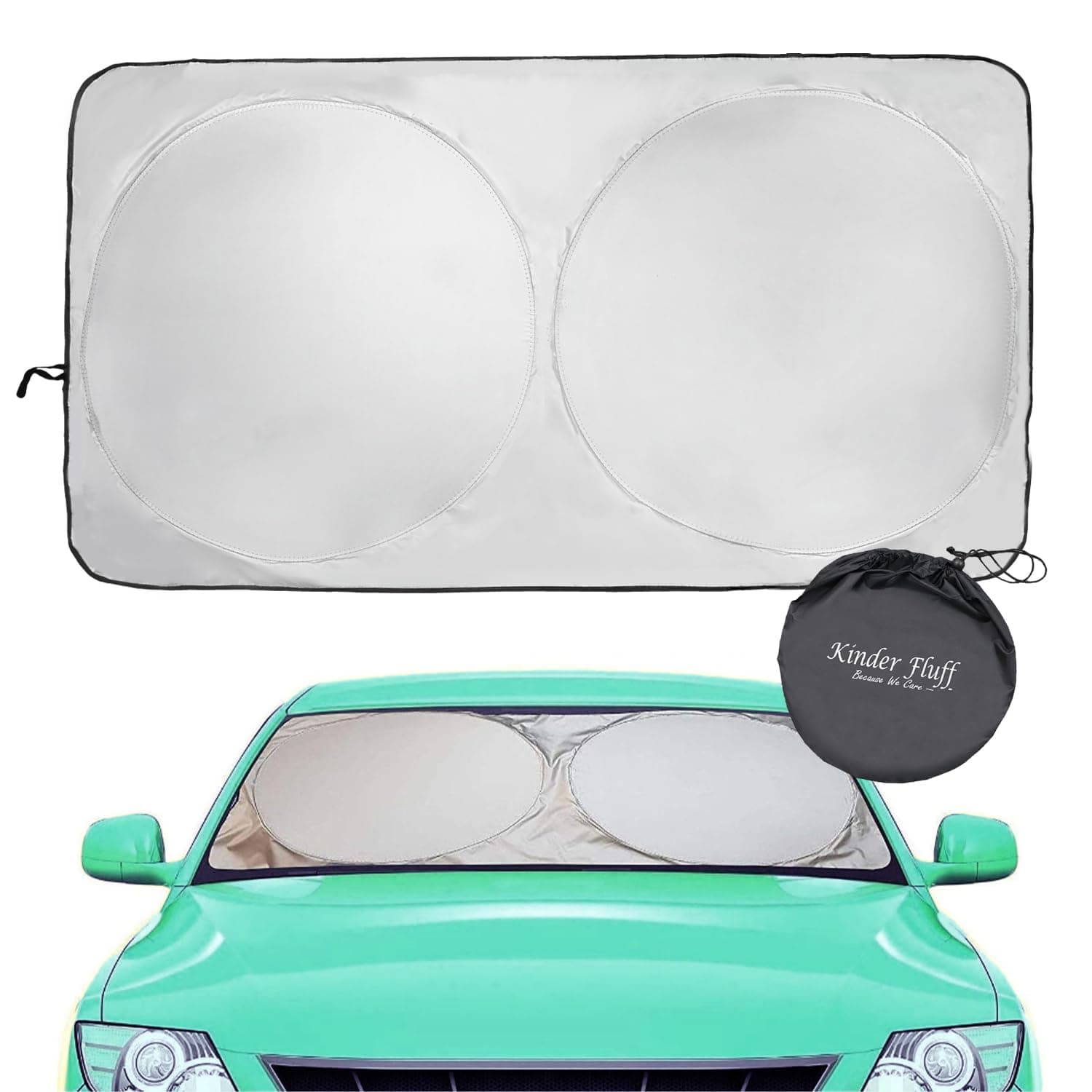 Kinder Fluff Windshield Sunshade | Reflective Patented Car Sun Protection - Certified 99% UVR Block -Cool Interior | Foldable Sun Visor Cover | Automotive Accessories for Summer Heat |Size L 160x89cm