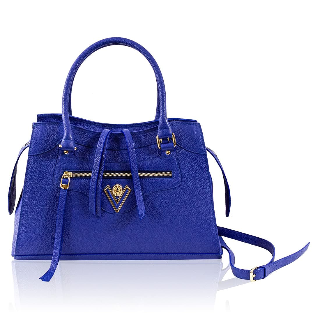 Women's Large Handbag Italian Designer Top Handle Purse Tote Bag Cobalt Blue Genuine Pebbled Leather Bag with Tassels