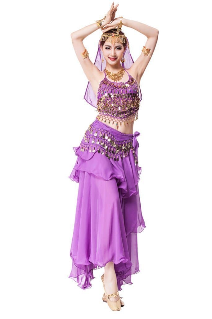 Belly Dance Costume Set Veil Top Scarf Skirt Accessories 9pcs 6 Colors