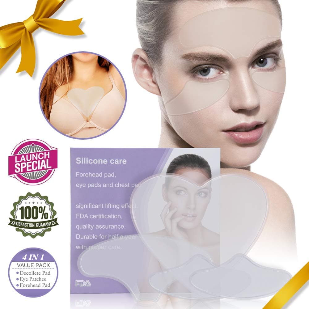 （4 pads）Silicone Decollete Anti Wrinkle Chest Eye Pad Patches Reusable Adhesive 1+Chest Pad,2+Around Eye Anti Wrinkle Pad,1+Forehead For Women Sun Damage Wrinkle Repair 100% Medical Grade Overnight
