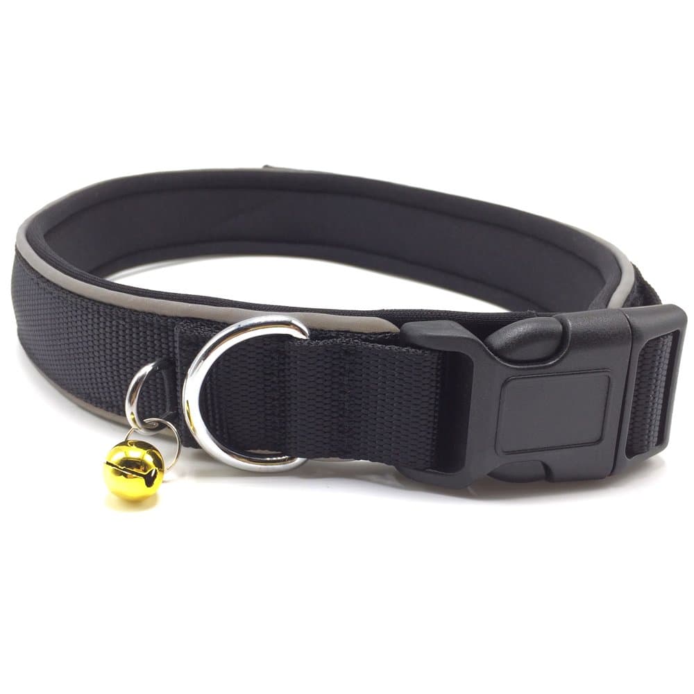 Niubow Reflective Neoprene Padded Nylon Dog Collar with Bell, Adjustable, Easy & Quick-Release Buckle (Large, Black)