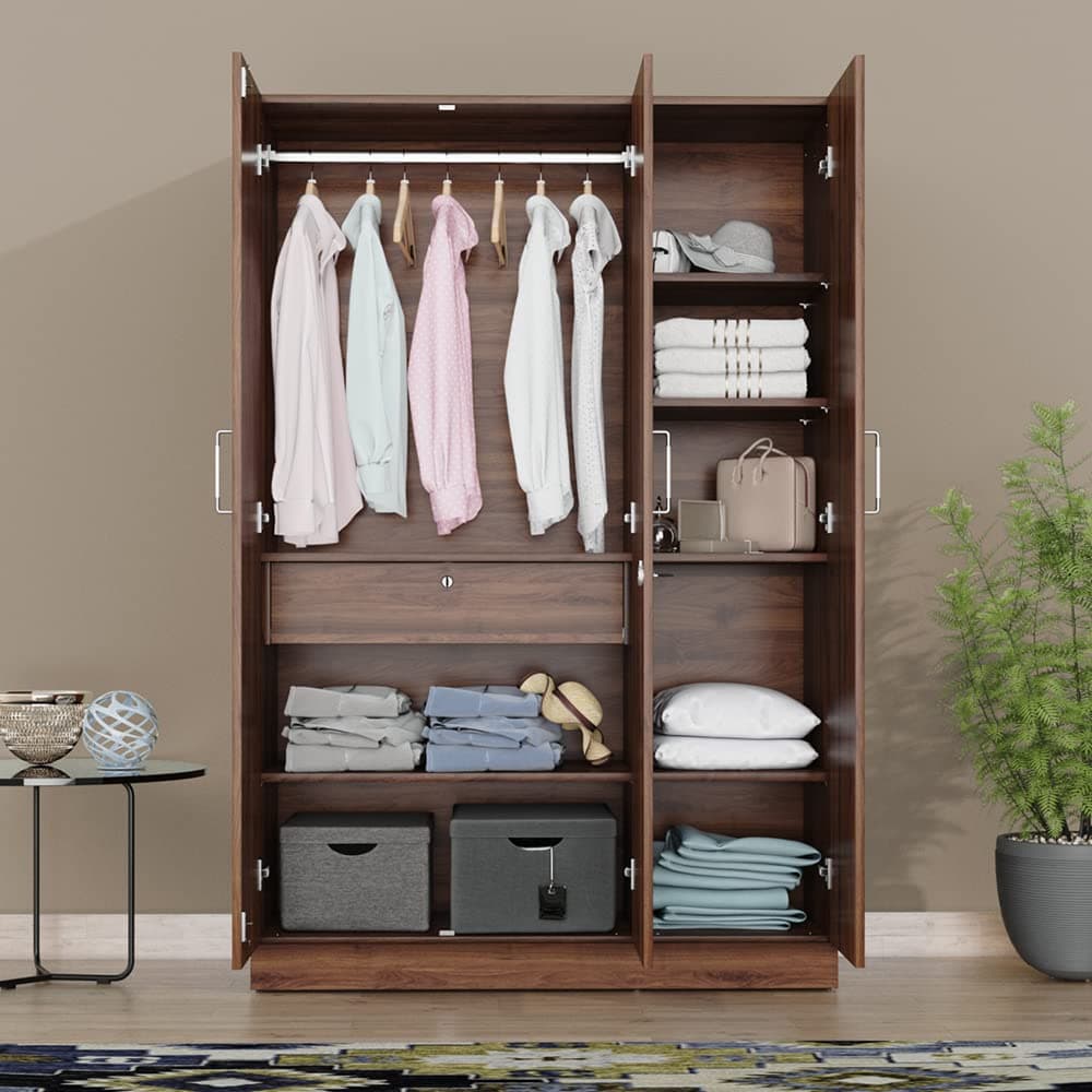 Wakefit Wardrobe | 1 Year Warranty | Engineered Wood Almirah, Cupboard for Clothes Storage | 3 Door, 1 Drawer, 1 Hanging Space | Gingham - Columbian Walnut