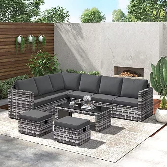 Garden Furniture Sets, Garden Corner Sofa Set, 8 Seater Rattan Sofa Outdoor Furniture with Coffee table 2 stools【UK Fast Delivery】