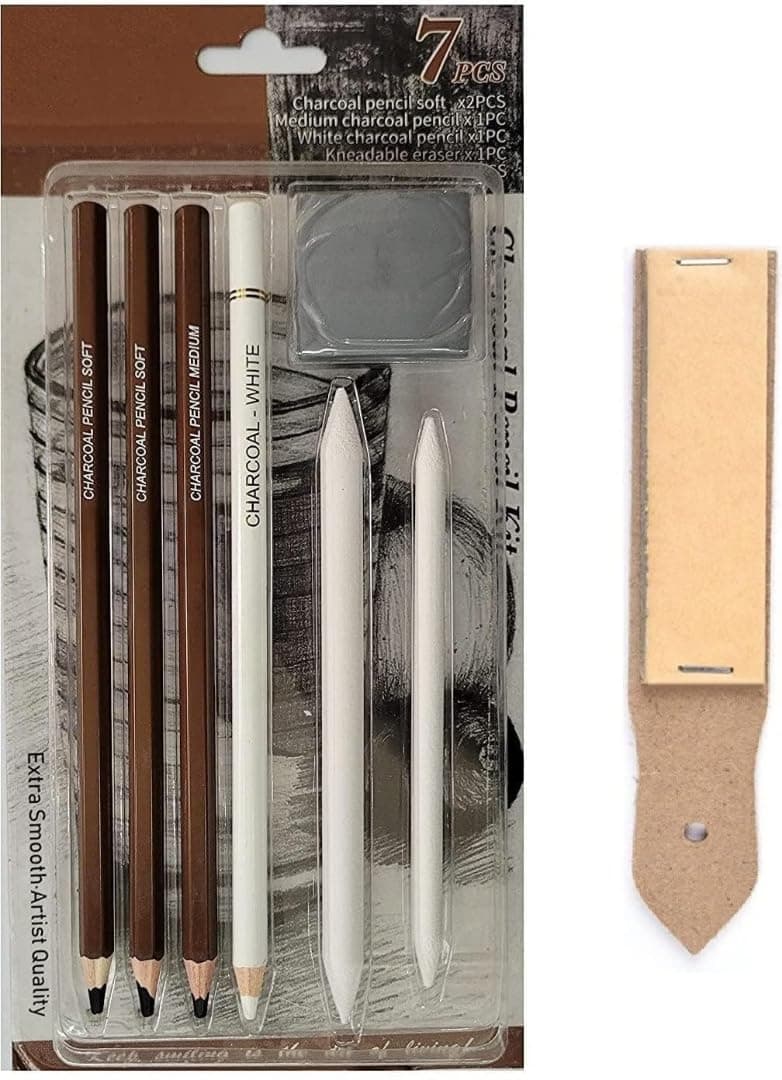 Art Ranger Black & White Charcoal Pencil Kit with Blending Stumps and Kneadable Eraser and Sandpaper for Artists Students (Sketching Kit)