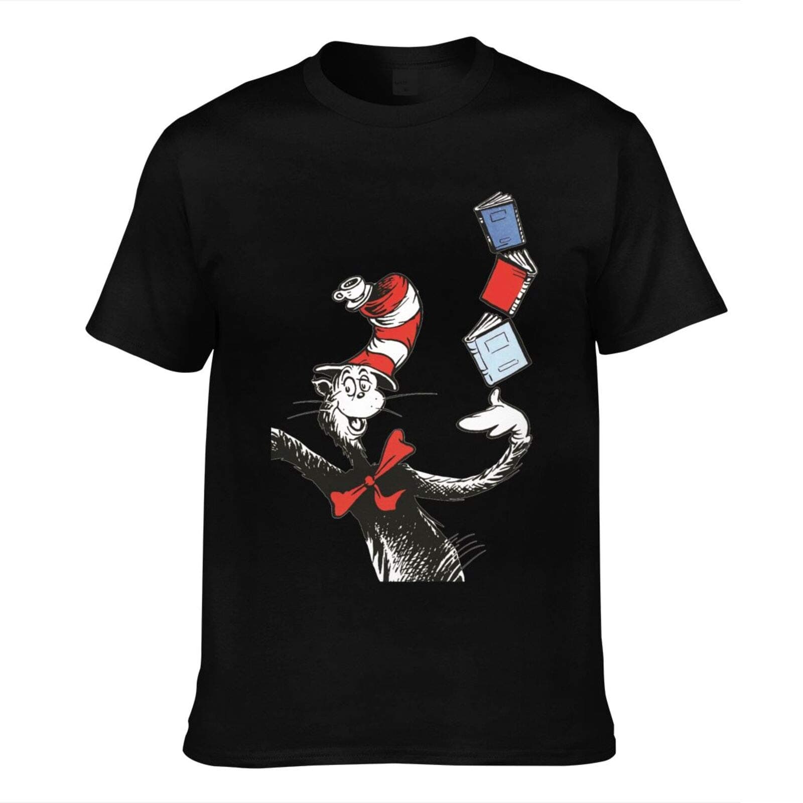 Dr Seuss The Cat in The Hat Men's Shirts, Short-Sleeved T-Shirts, Cotton Round Neck Tees Black