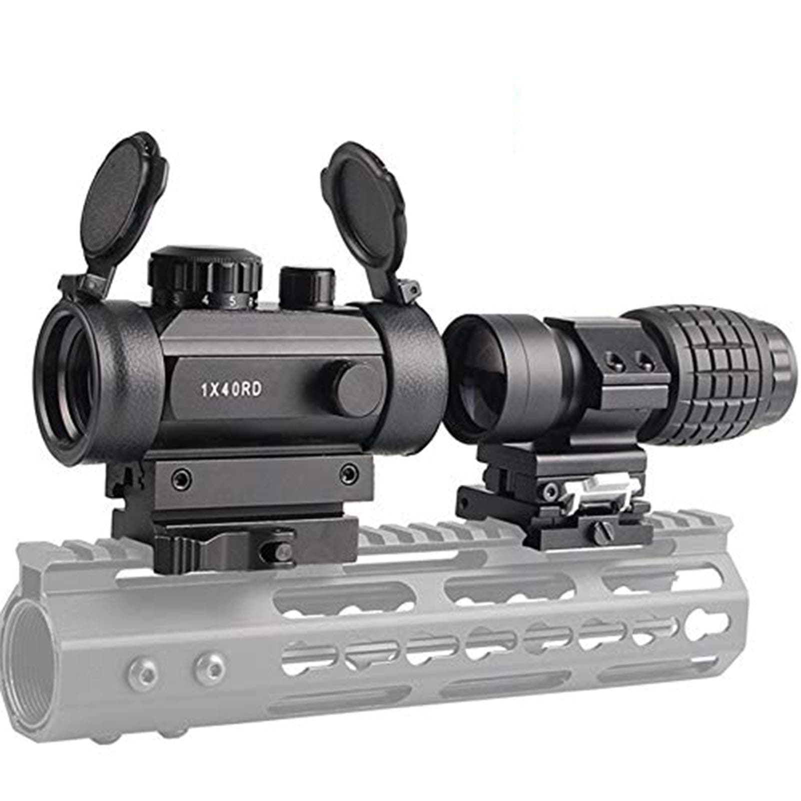 Luger Tactical 1x40mm Red Green Dot Sight + 3X Magnifier Scope with Quick Detach Flip to Side + QD 5 Slots Rail Riser Combo Kit