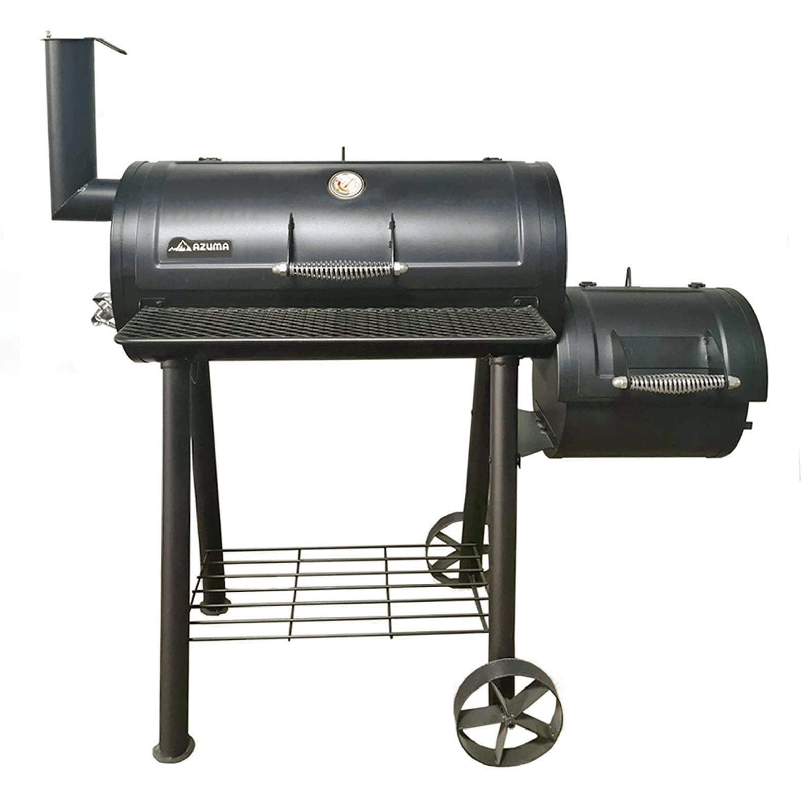 Azuma Bandit Charcoal Grill BBQ and Wood Smoker - Outdoor BBQ Pit with Thermometer, Adjustable Vent, and Firebox - Durable Black Steel Construction with Front Shelf and Wheels for Easy Transport