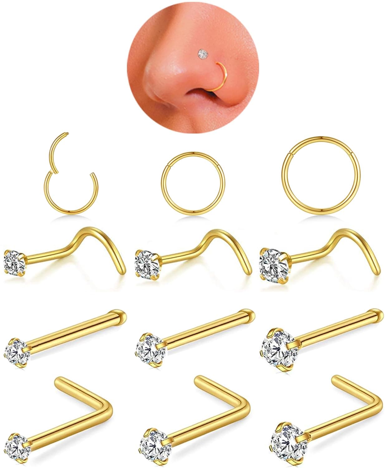 Nose Rings Hoop and Nose Studs Sets for Women Men,Hypoallergenic 316L Surgical Stainless Steel Hinged Clicker Segment Nose Rings Hoop Helix Cartilage Daith Tragus Sleeper Earrings Silver Gold Black L Shape/Corkscrew/Straight Nose Studs Real Body Piercing Jewelry