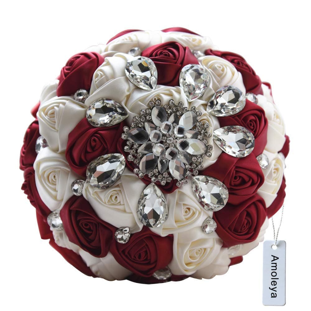 Amoleya 7 Inch Customization Romantic Burgundy Wedding Bride Holding Bouquet with Satin Roses and Rhinestones
