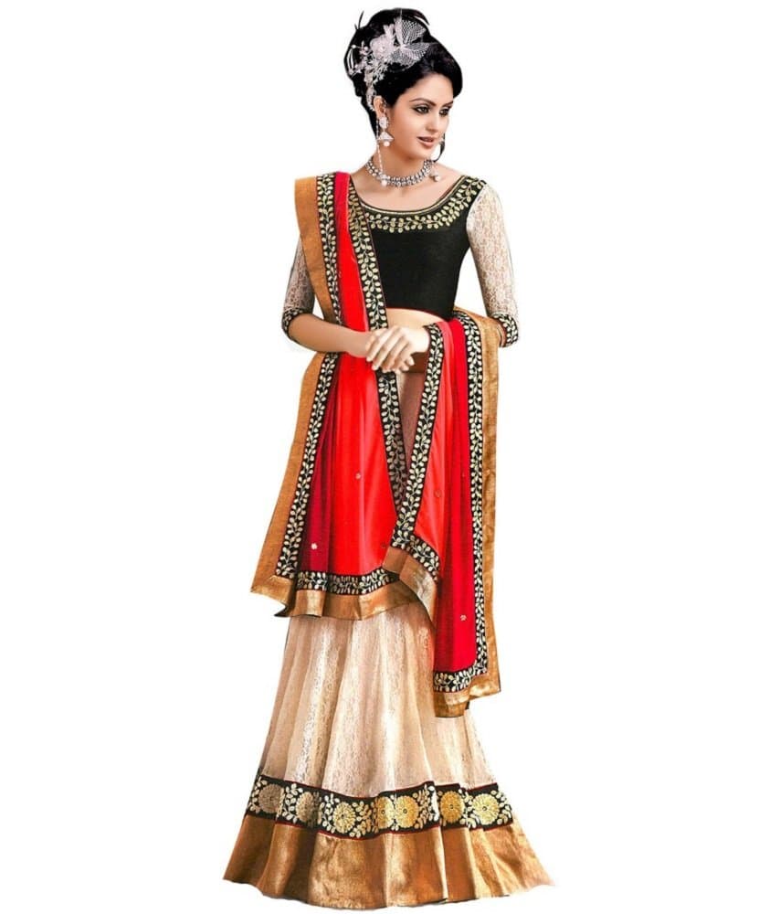Radheshyam Enterprise Women's Net Lehenga Choli, Free Size, OffWhite Red