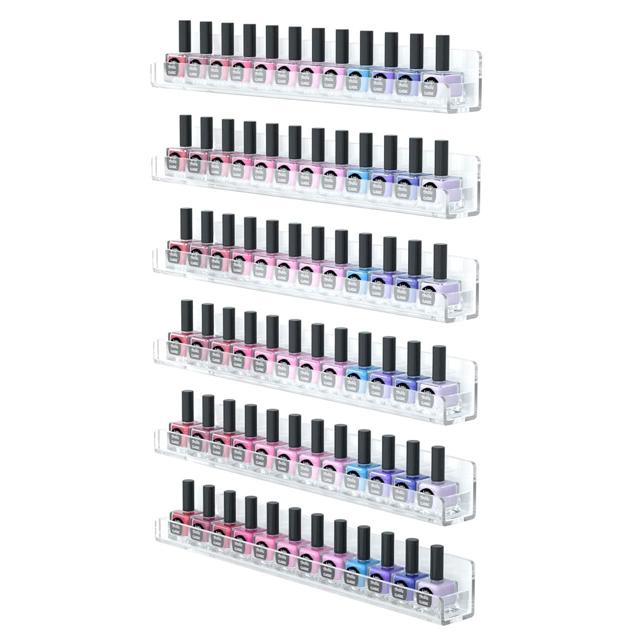 FEMELI Acrylic Nail Polish Rack Organiser 6 Individual Shelves,Clear Wall Mount Essential Oil Shelf Organiser for Home Salon Business Spa