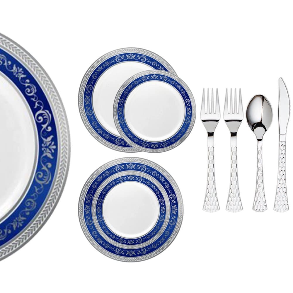 Royal Collection Disposable Plastic Plates for Parties for 80 Persons, Includes 80 Dinner Plates, 80 Salad Plates, 160 Forks, 80 Spoons, 80 Knives, Blue and Silver Rim