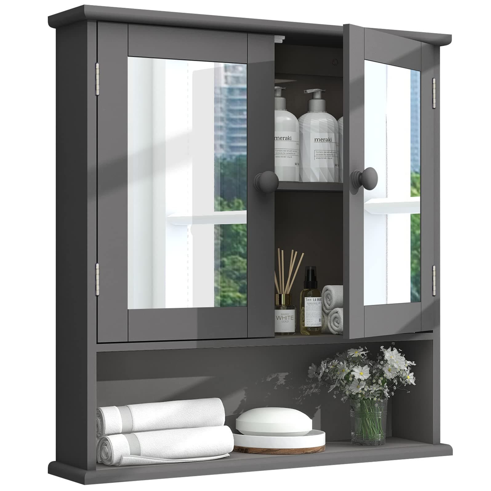Grey Medicine Cabinet with Mirror, 2 Doors & 3 Open Shelves - Wall Mounted Wooden Storage Cabinet for Bathroom, Laundry or Kitchen