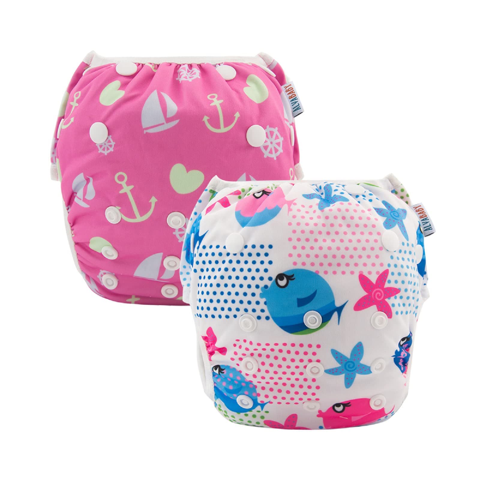 ALVABABY Swim Diapers 2pcs Baby & Toddler Snap One Size Reusable Adjustable Swim Diapers for Swim Classes Small