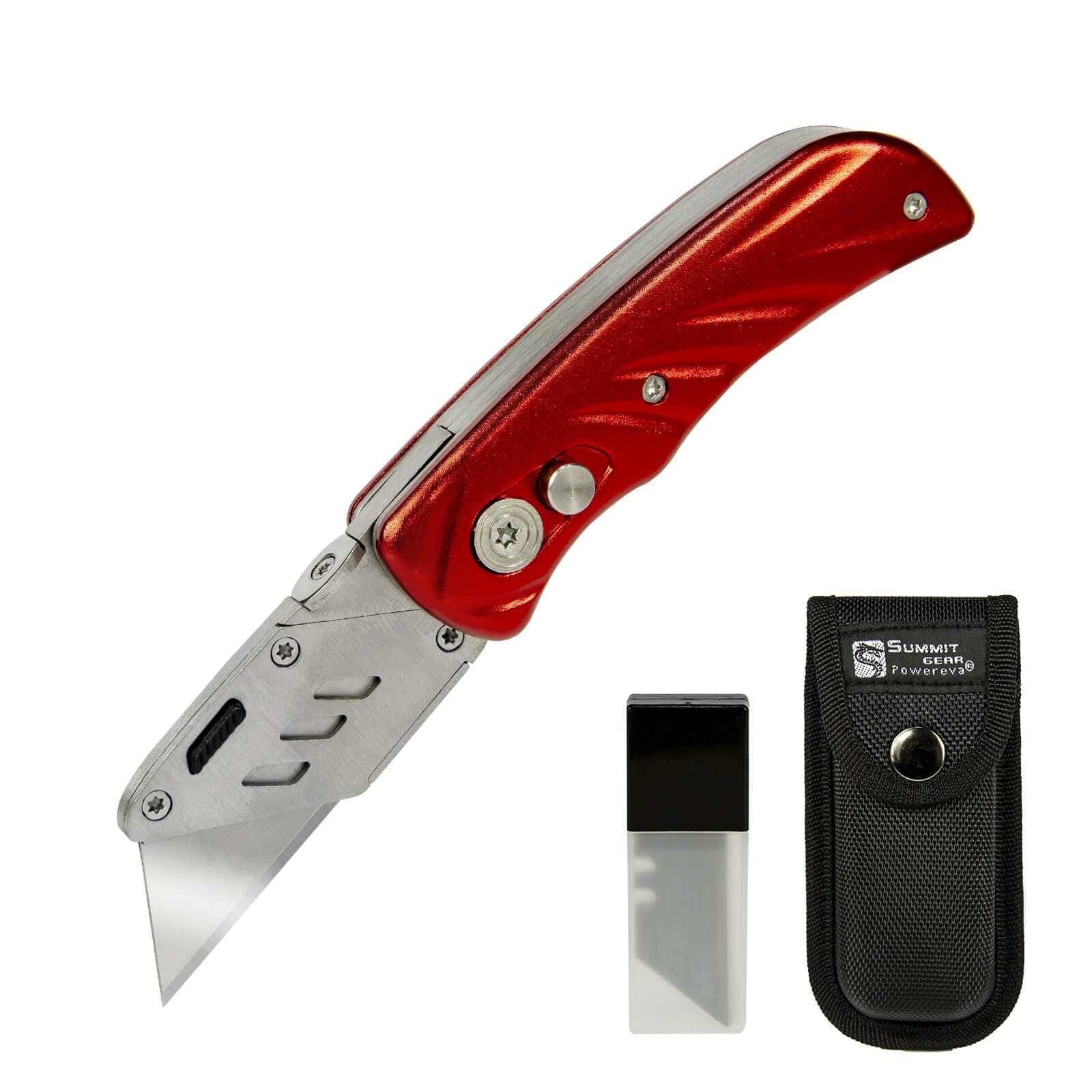 Folding Utility Knife/Box Cutter Stainless Steel with Clip, Quick Change Blades, Lock-Back Design+ Nylon Pouch + 5 Extra SK5 Replacement Blades Red