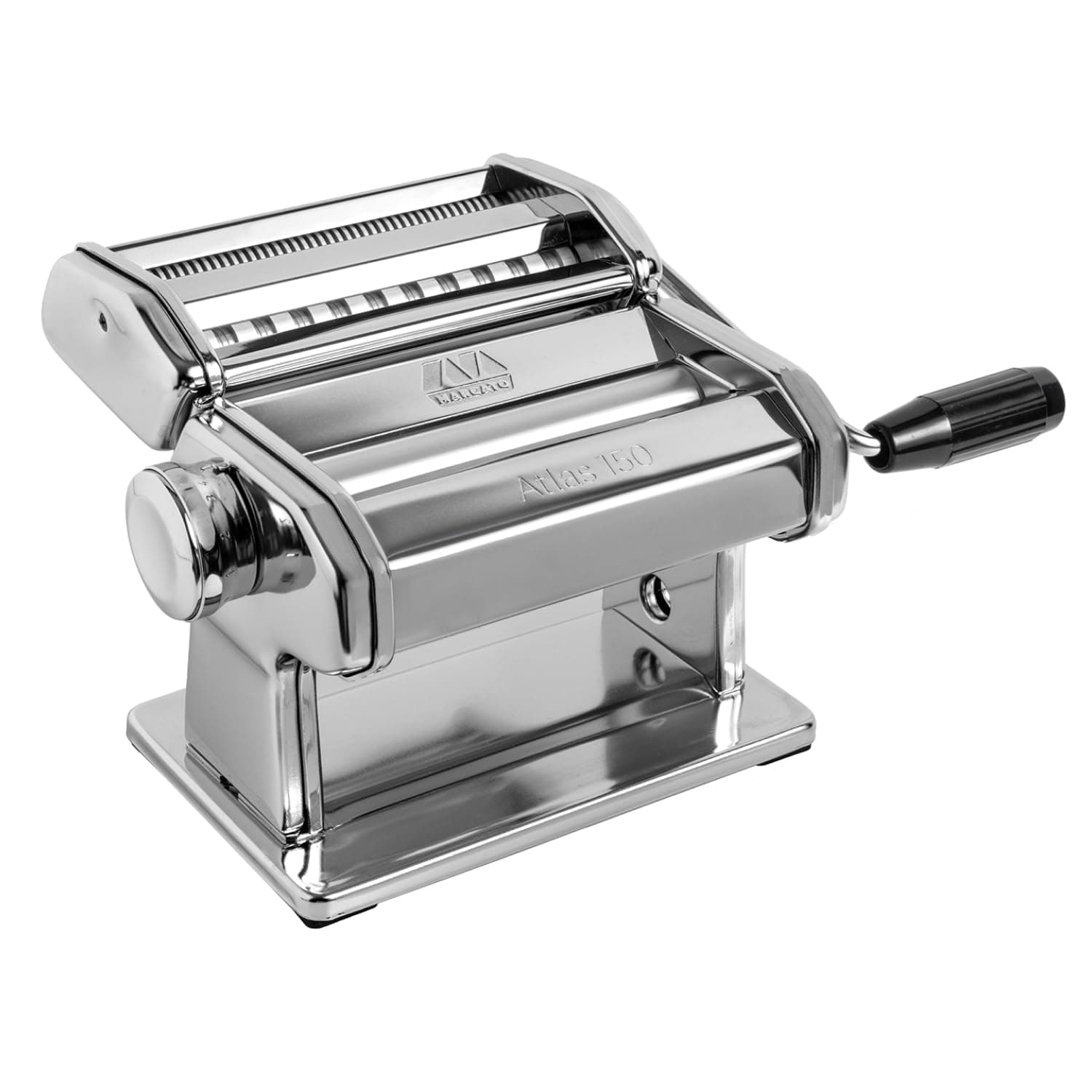 MARCATO Made in Italy Atlas 150 Classic Manual Pasta Maker Machine, Chrome Steel with Black Hand Crank. Makes Lasagna, Fettuccine & Tagliolini.