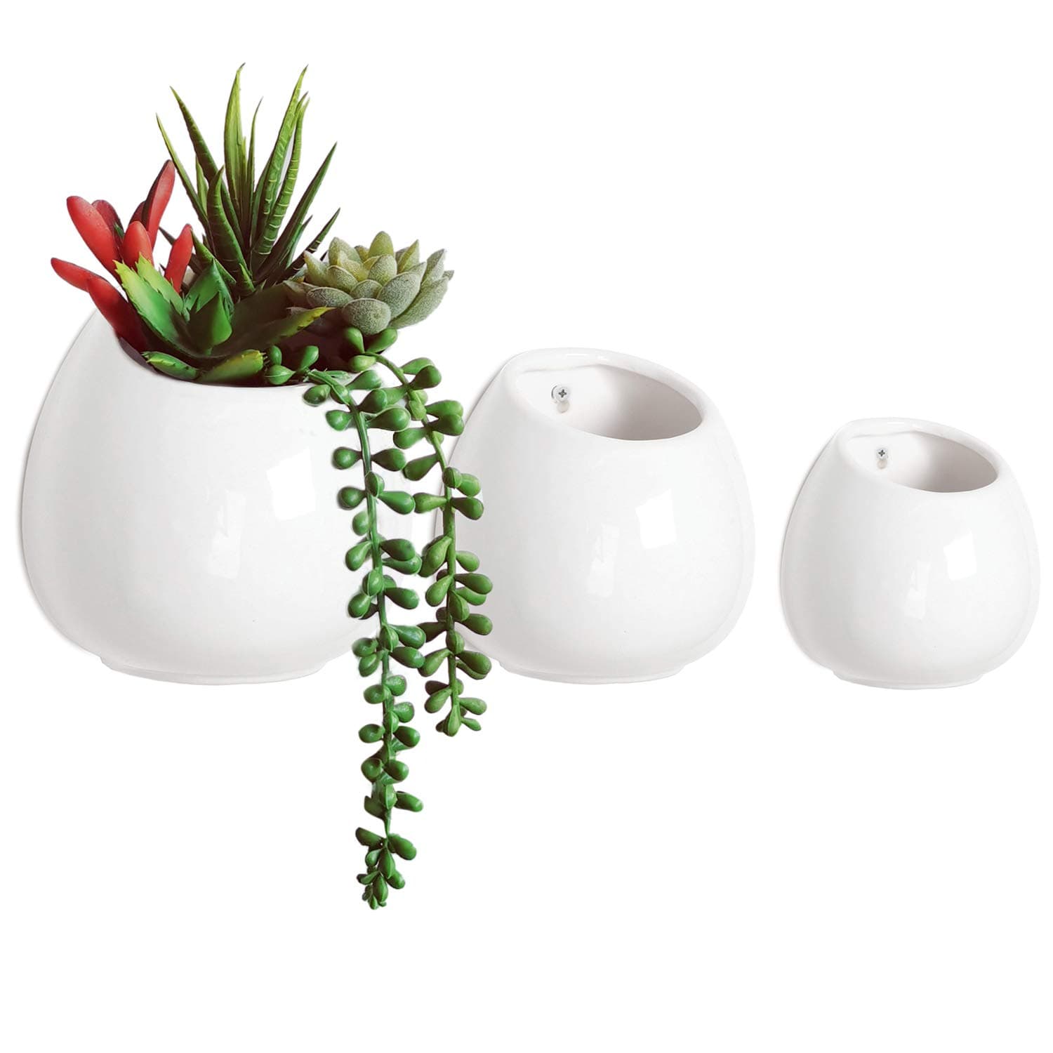 Nattol Wall Mounted White Ceramic Flower Planter, Hanging Succulent Planter in 3 Sizes, Small to Medium, Set of 3