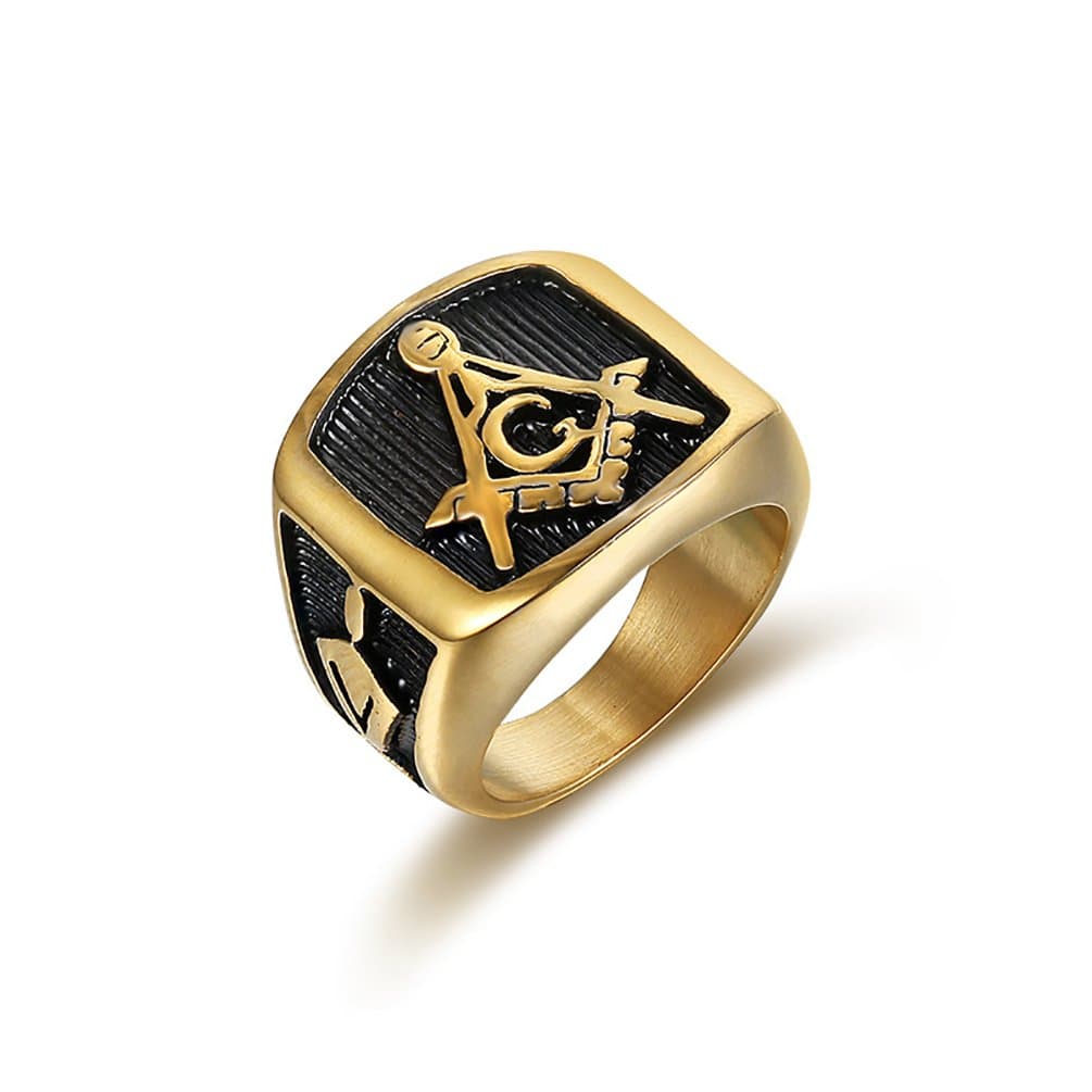 EZSONA Men's Gold Stainless Steel Domineering Vintage Freemason Masonic Ring Size 7