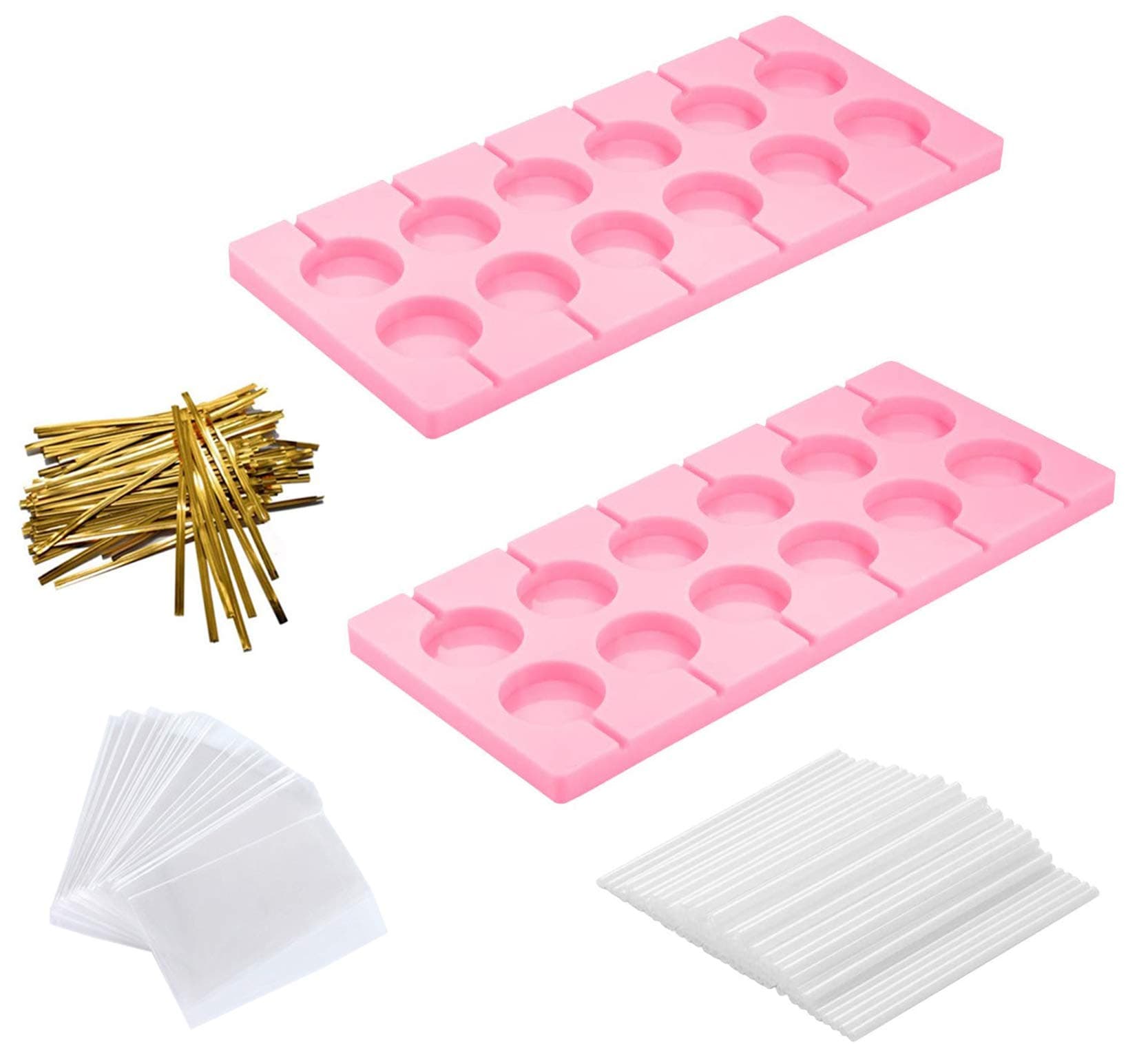 2Pcs/Pack 12-Capacity Silicone Lollipop Molds,Hard Candy Mold With 100 Pcs/Pack 4 Inch Lollypop Sucker Sticks,Candy Treat Bags,gold ties