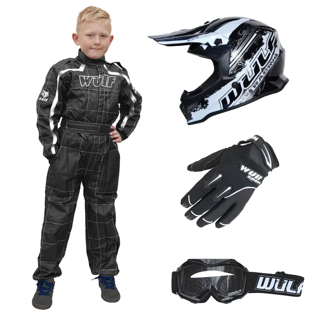 Wulfsport Kids Off Road Pro Motocross Helmet & Wulf Stratos Gloves + Cub Goggles + Kids Race Suit